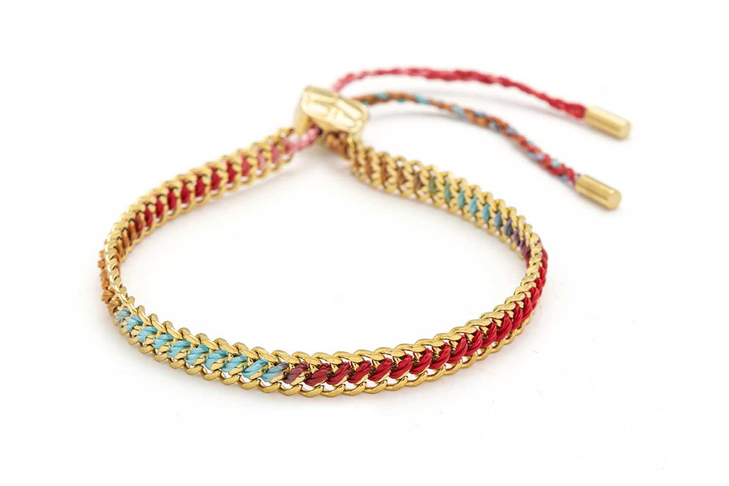 Athena Moroccan Spice Gold Braided Bracelet featuring vibrant jewel-toned woven threads braided through a waterproof gold PVD stainless steel chain with adjustable slider fastening.