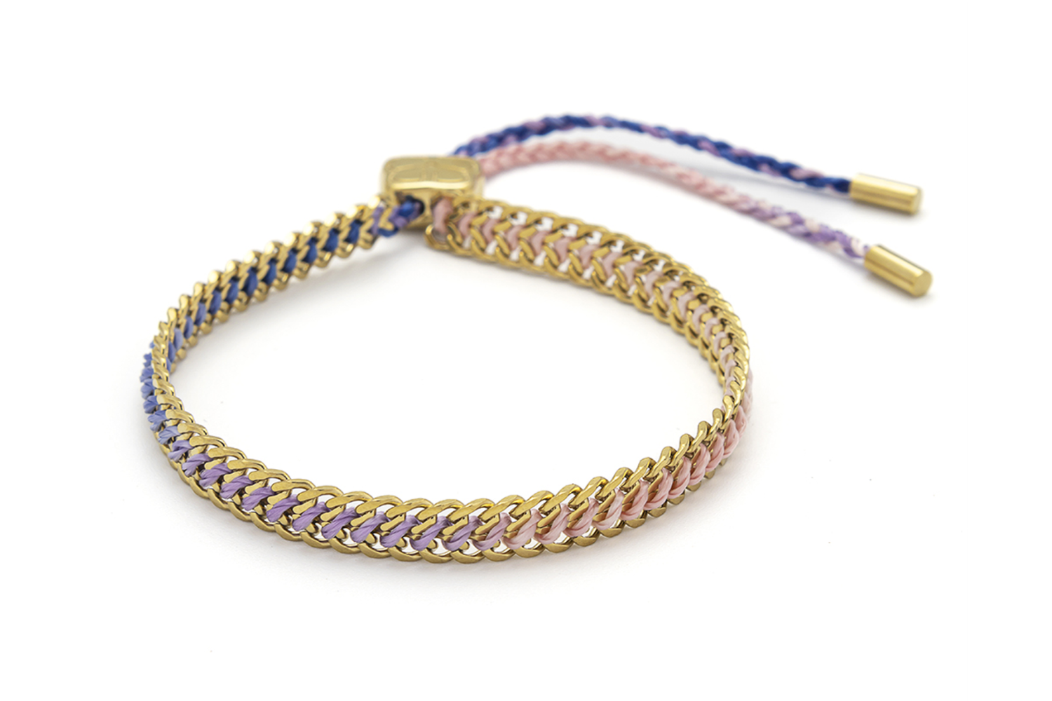 Athena pink lilac ombre braided bracelet with pastel threads and gold chain detailing with adjustable slider fastening.