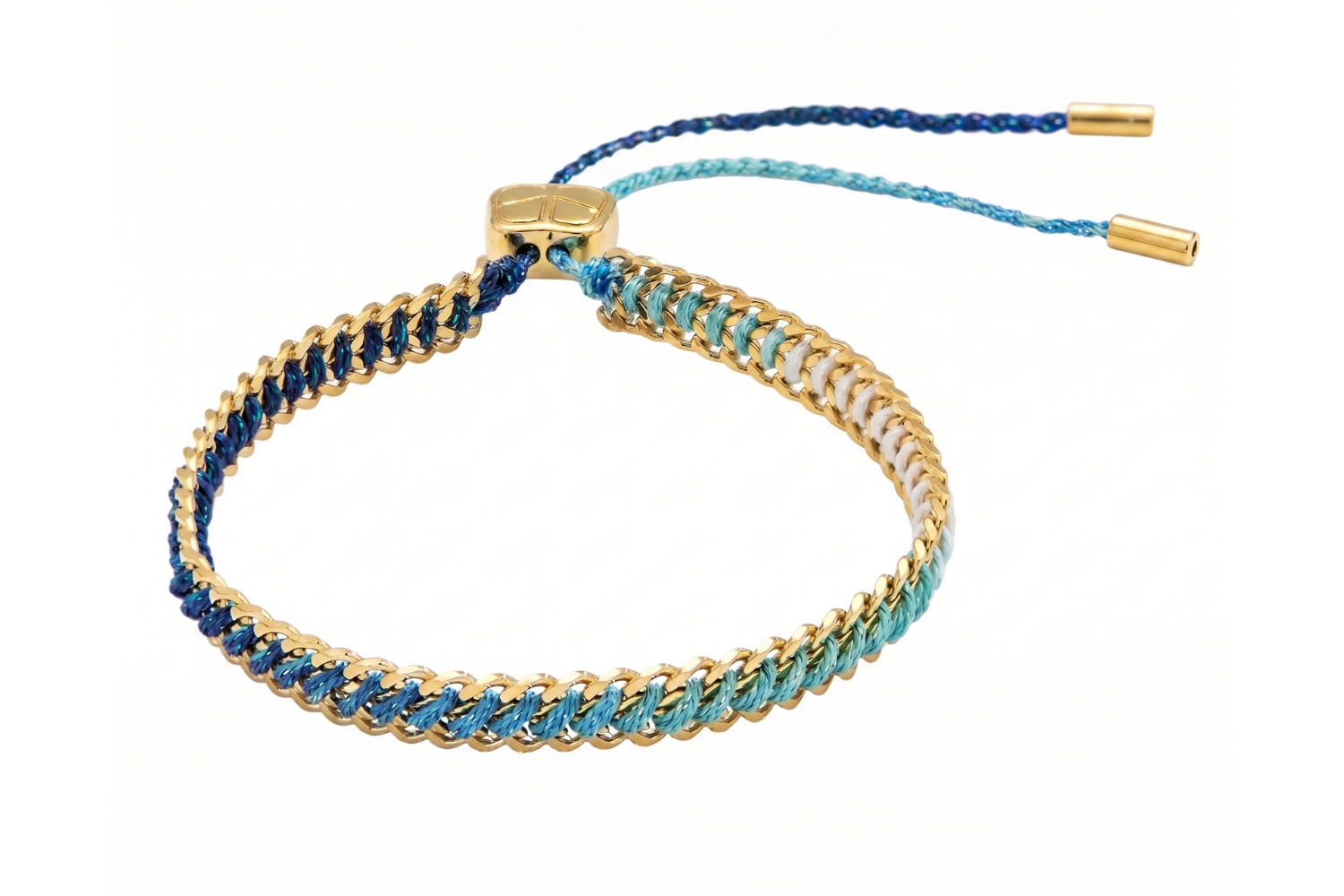 Athena sky blue ombre braided bracelet with blue threads and gold chain detailing with adjustable slider fastening.