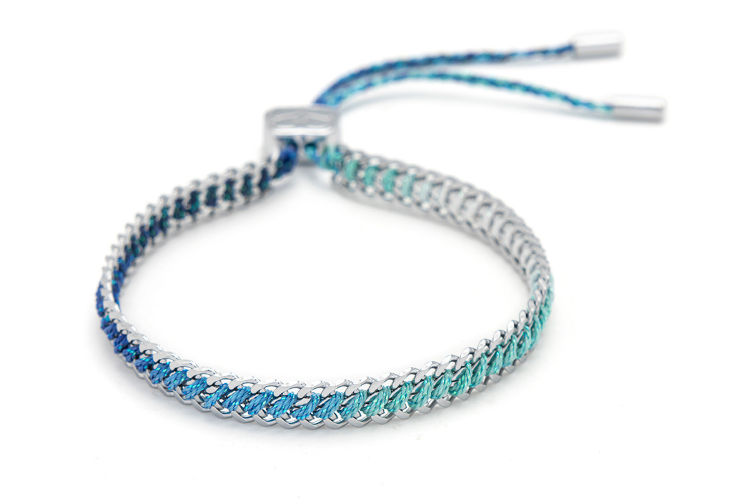Athena sky blue ombre braided bracelet with soft blue threads and silver chain detailing with adjustable slider fastening.
