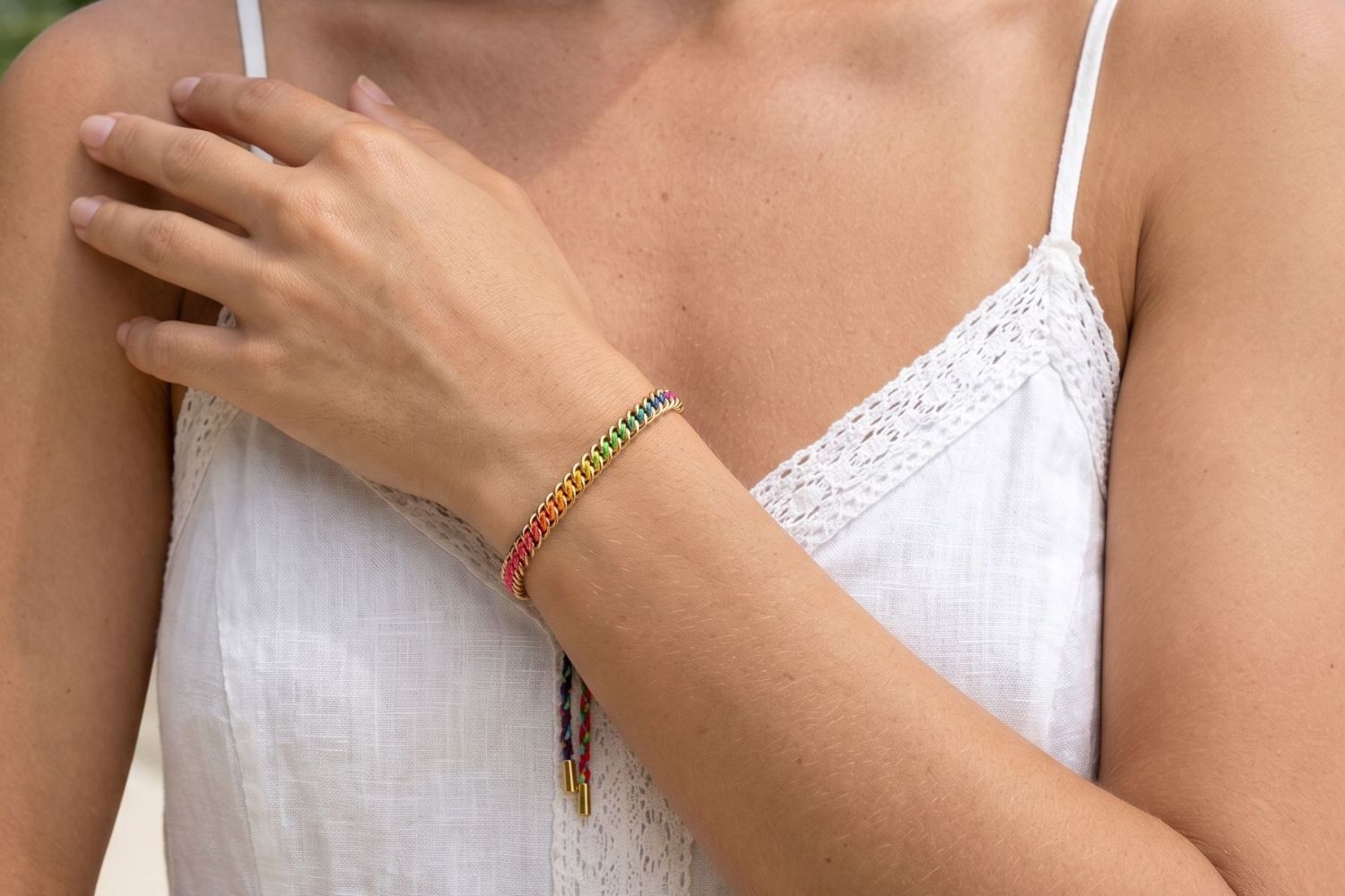 Athena tropical braided friendship bracelet featured on wrist with Boho Betty stacking bracelets