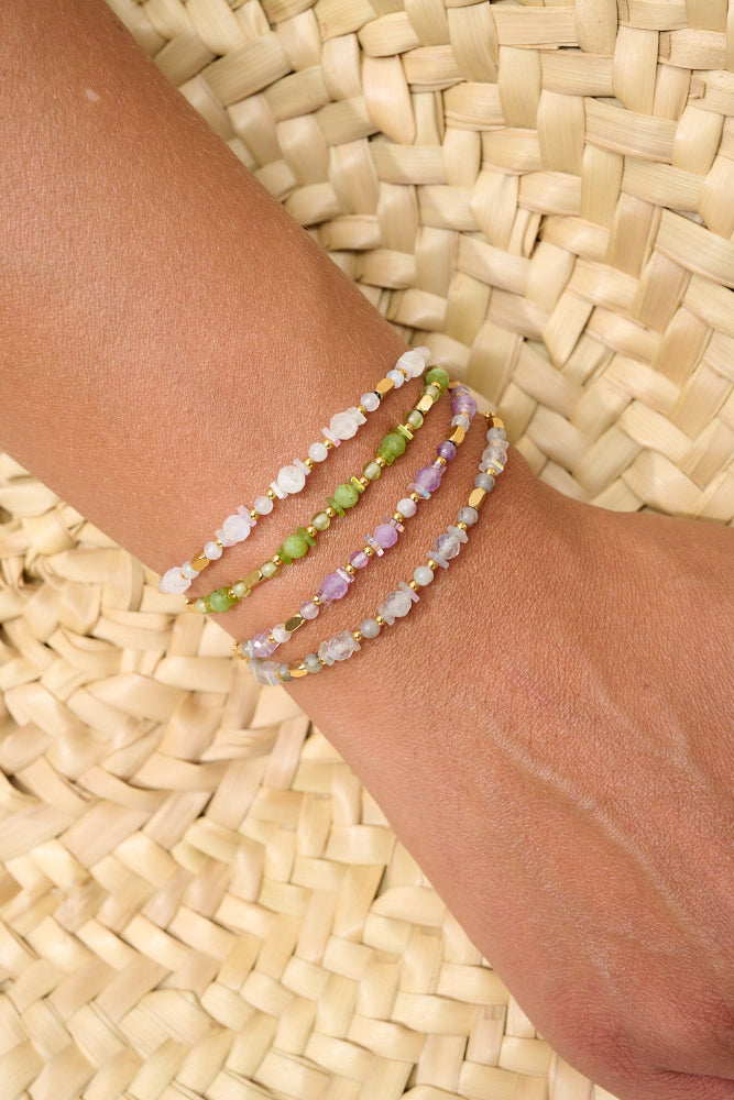 Aya gold labradorite mix gemstone Bracelet featured on wrist with Boho Betty stacking bracelets