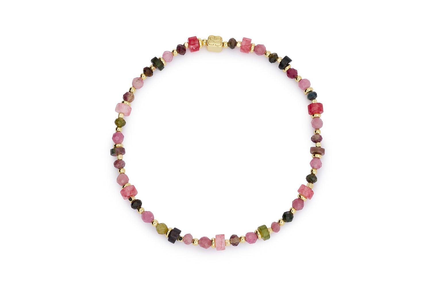 Beryl Gold & Tourmaline Gemstone Bracelet featuring faceted and heishi-cut pink, green, and earthy-toned tourmaline beads with gold-plated accents.