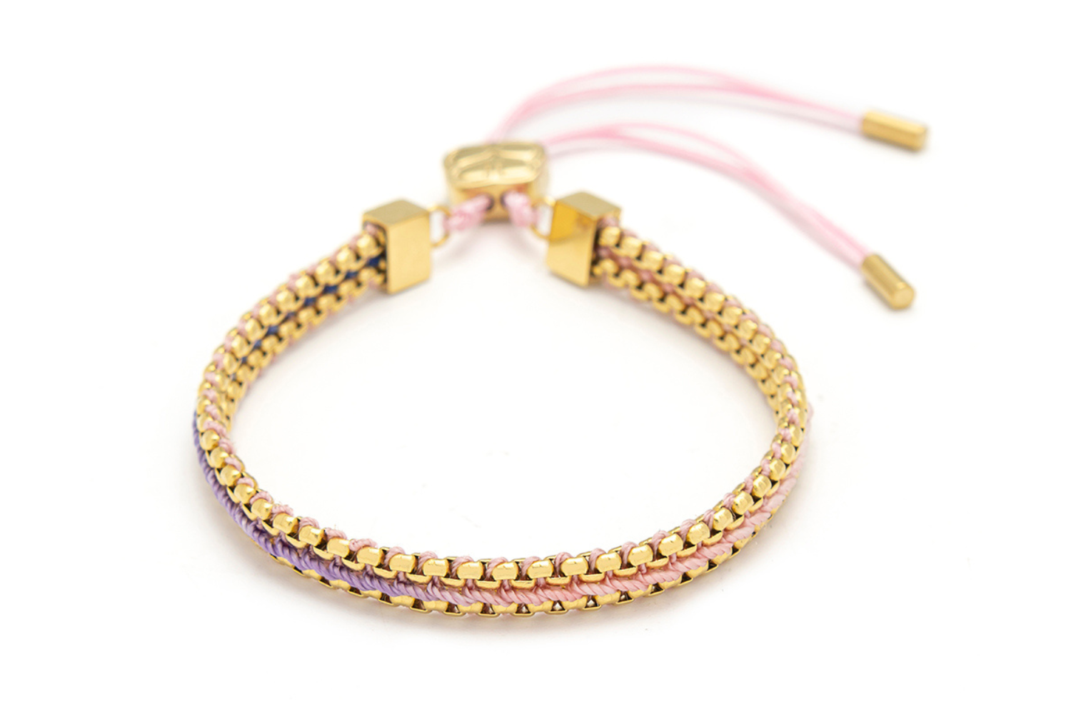 Bloom blush lilac gold braided friendship bracelet with pastel threads and gold chain detail