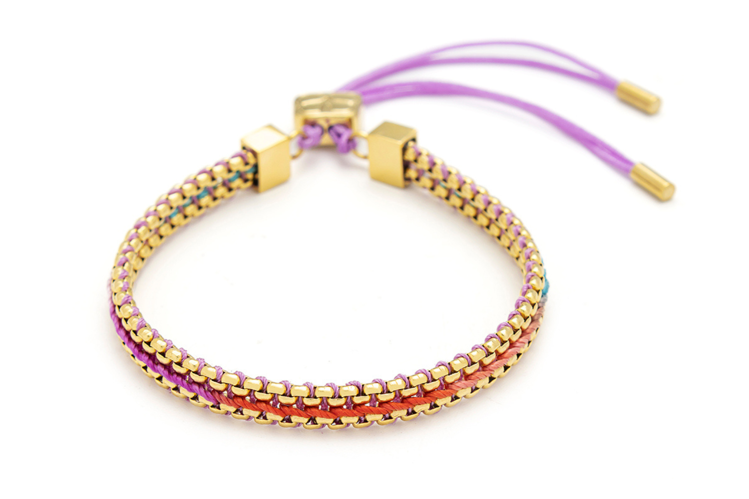 Bloom Moroccan spice braided friendship bracelet with warm berry, orange and pink threads and gold chain detailing with adjustable slider fastening.