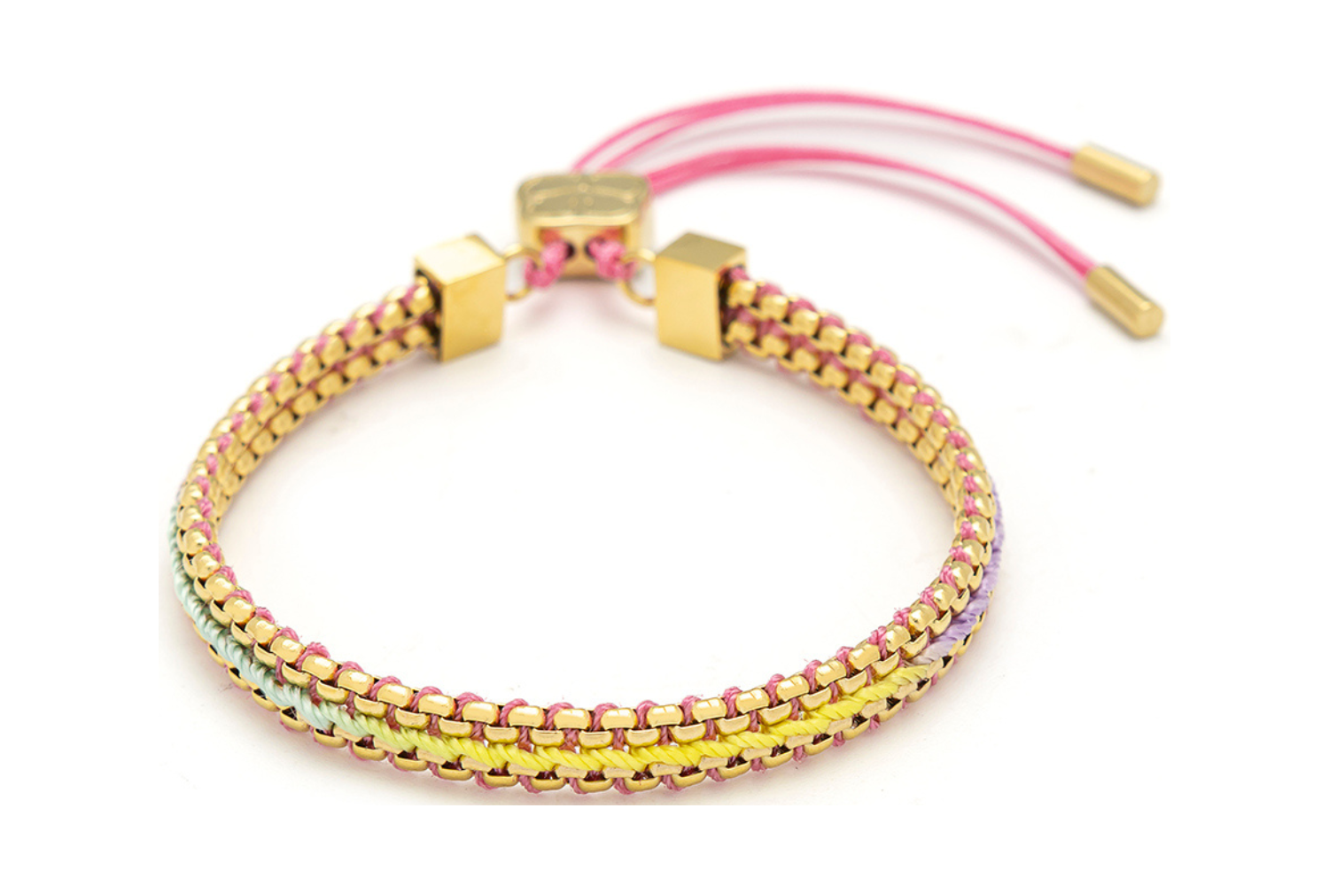 Bloom rainbow sorbet woven friendship bracelet with pastel threads and gold chain detailing with adjustable slider fastening.