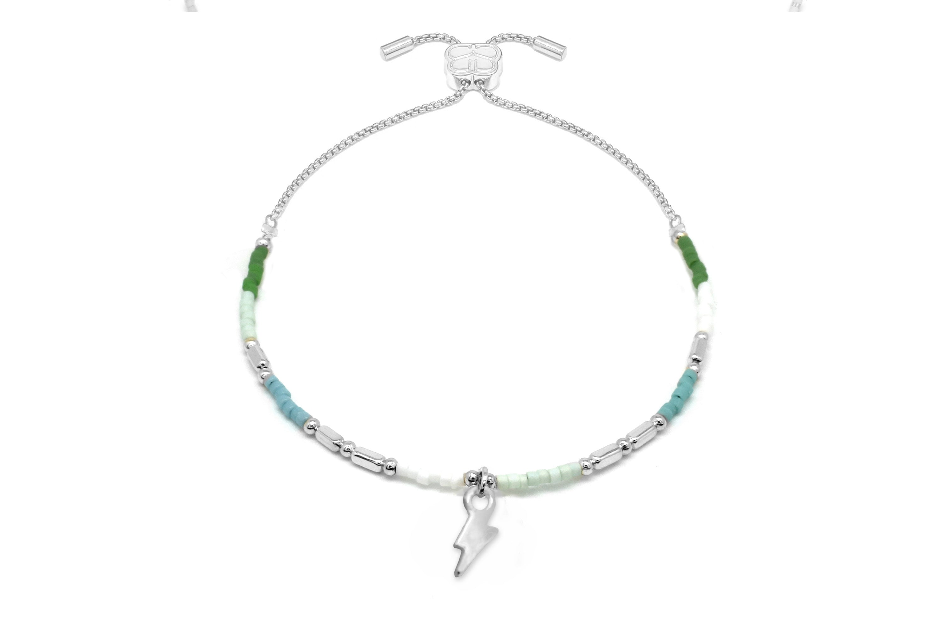 Nick's Silver & Mint Bead Lightening Bolt Silver Bracelet - Boho Betty