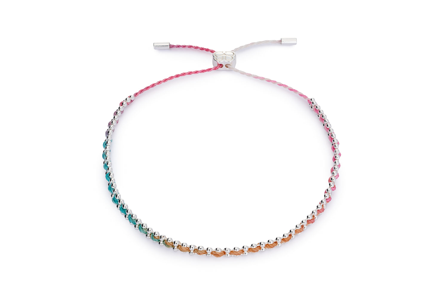 Multicoloured woven bracelet with silver-plated chain and adjustable slider clasp