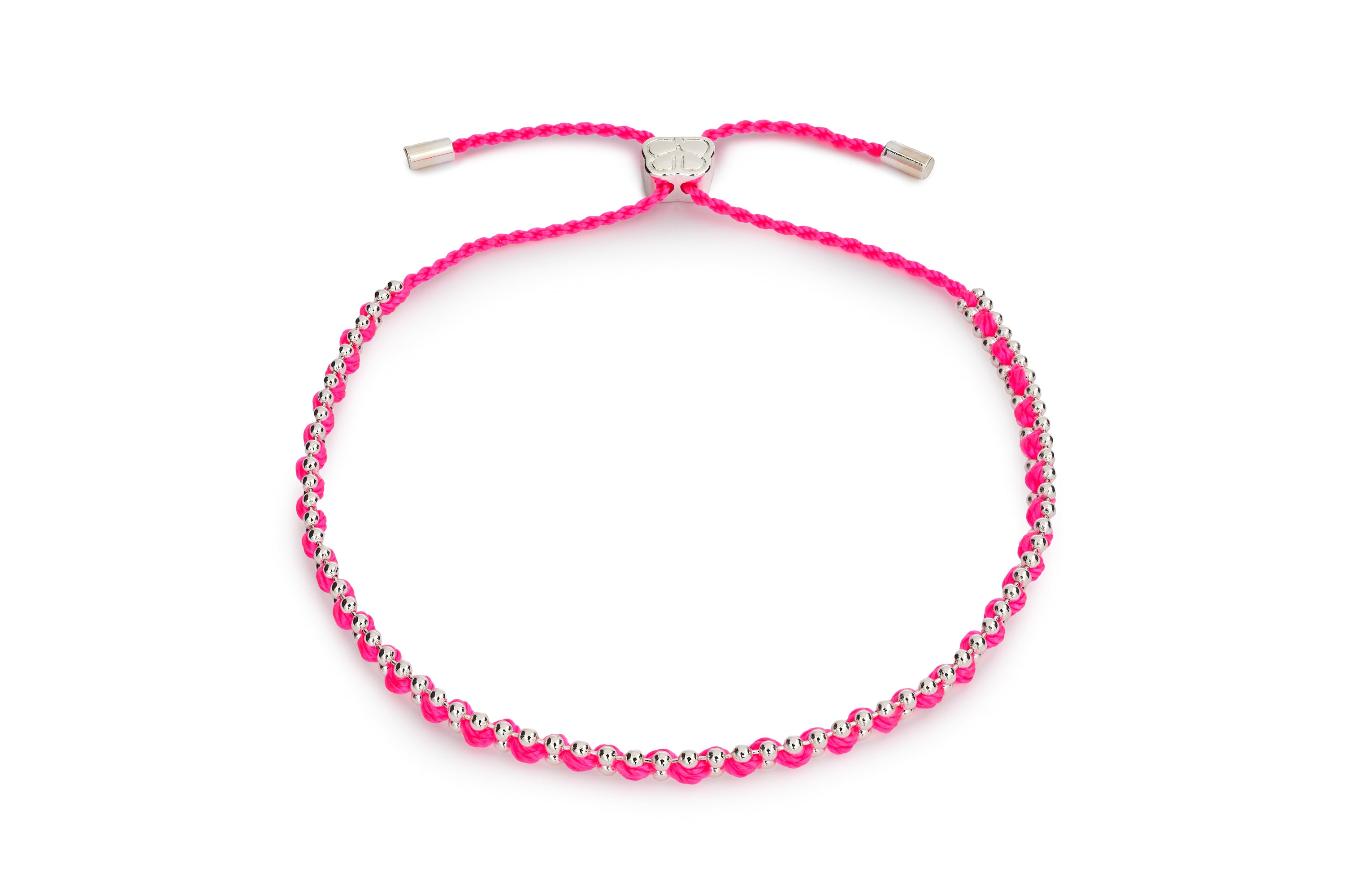 Braid Hot Pink Silver Bracelet with bright pink braided cord, polished silver beads and adjustable slider fastening.