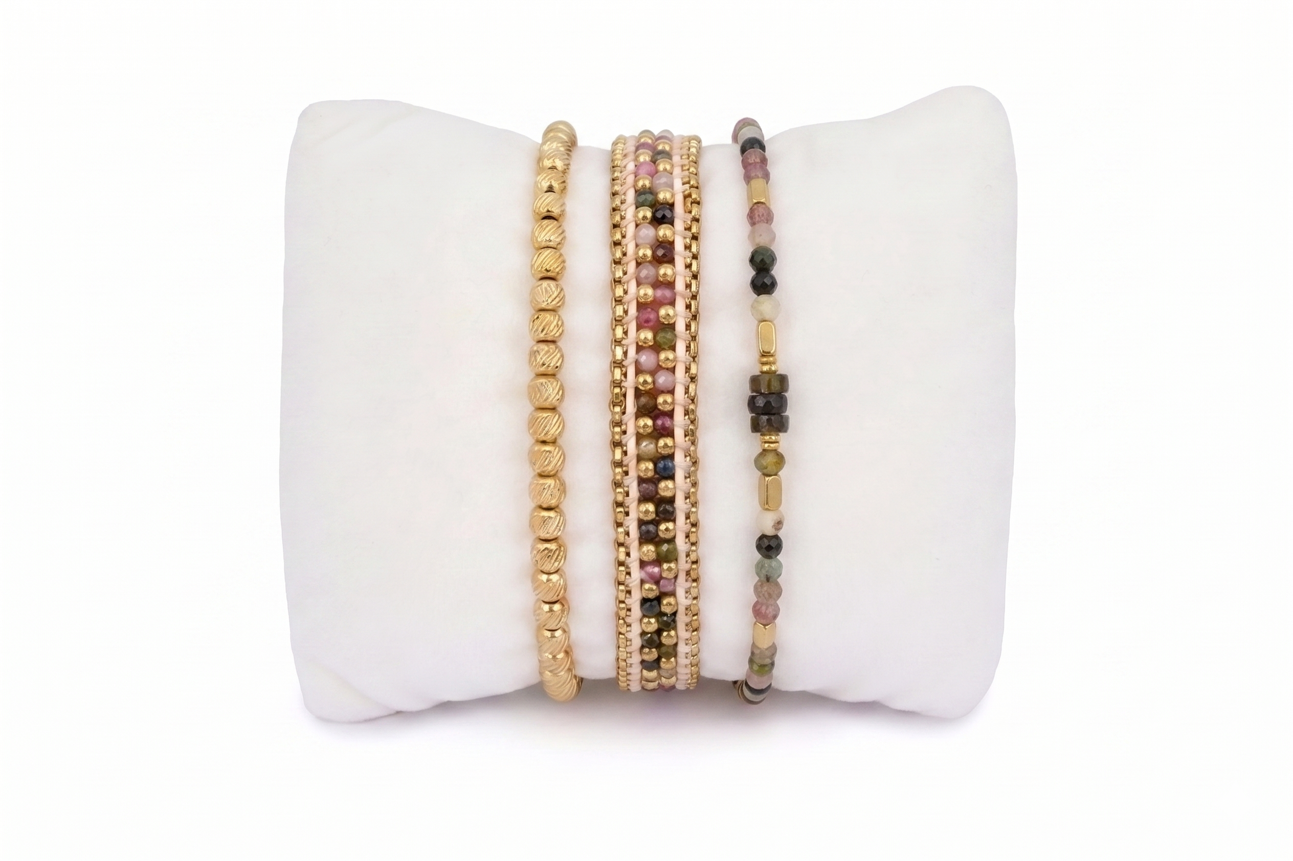 Brava Tourmaline & Gold Bracelet Stack, double-row tourmaline slider with multicolour tourmaline strand and textured gold stretch bracelet