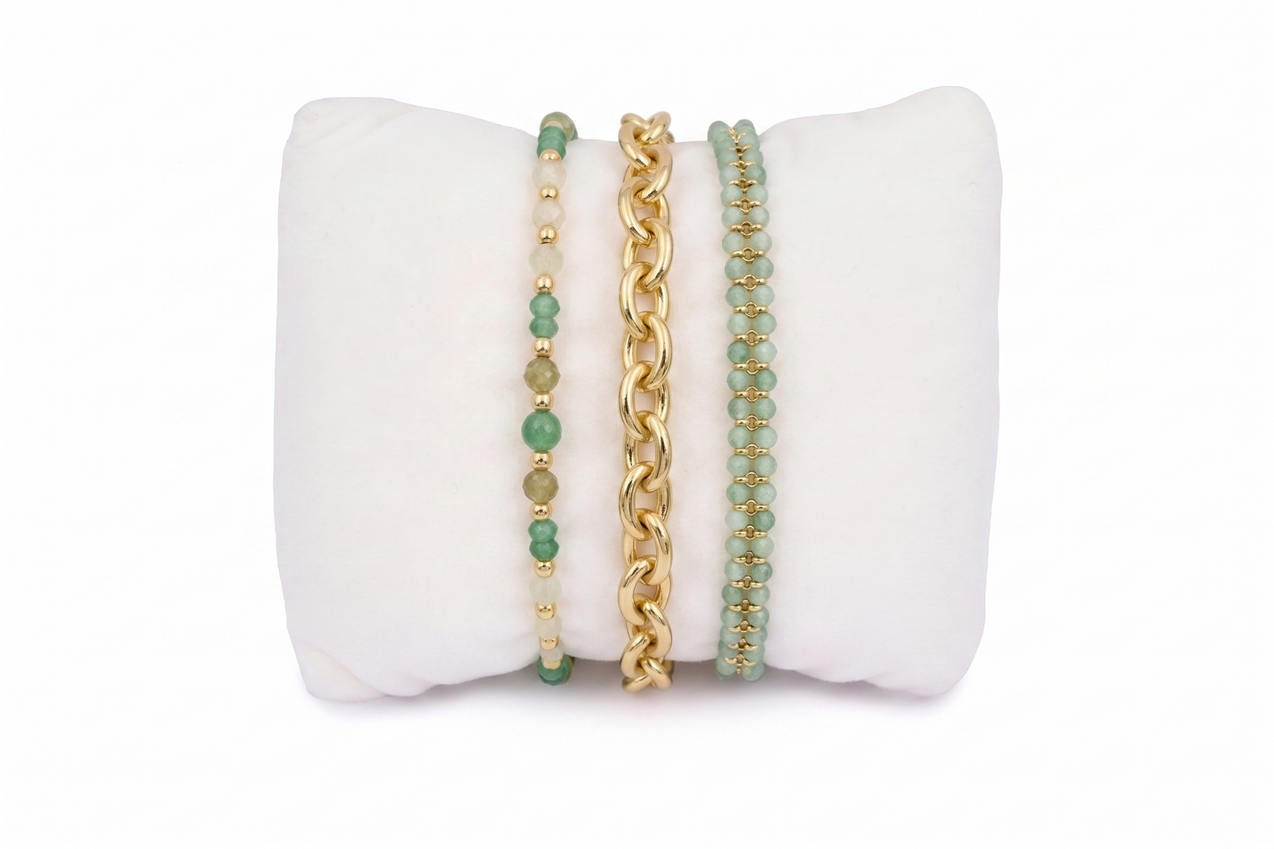 Cabruna Green & Gold Bracelet Stack, gemstone strand, chunky gold chain and double aventurine bracelet layered on wrist.