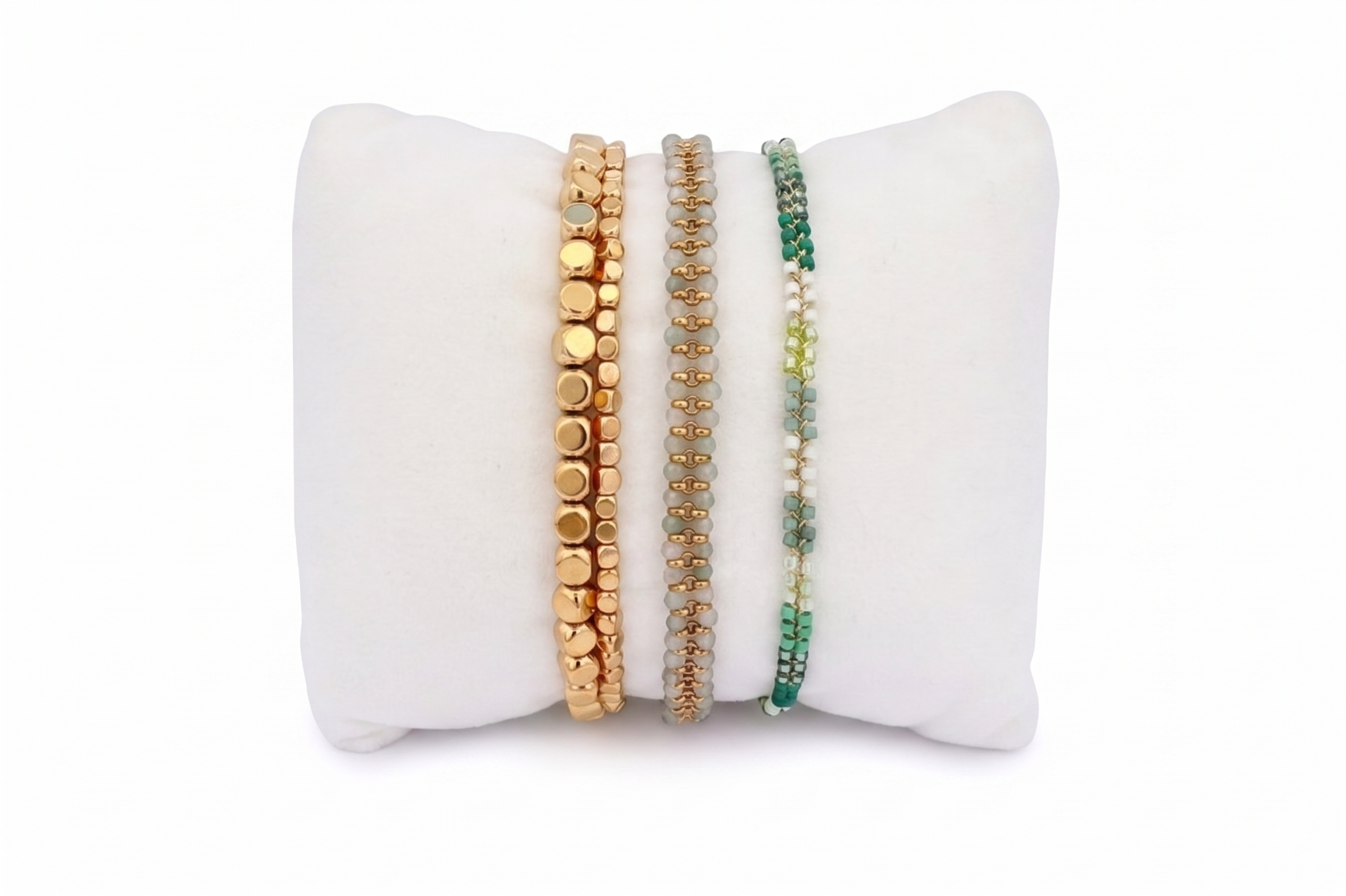 Calero green aventurine gold bracelet stack, green and golden beads create a lovely harmony within the stack