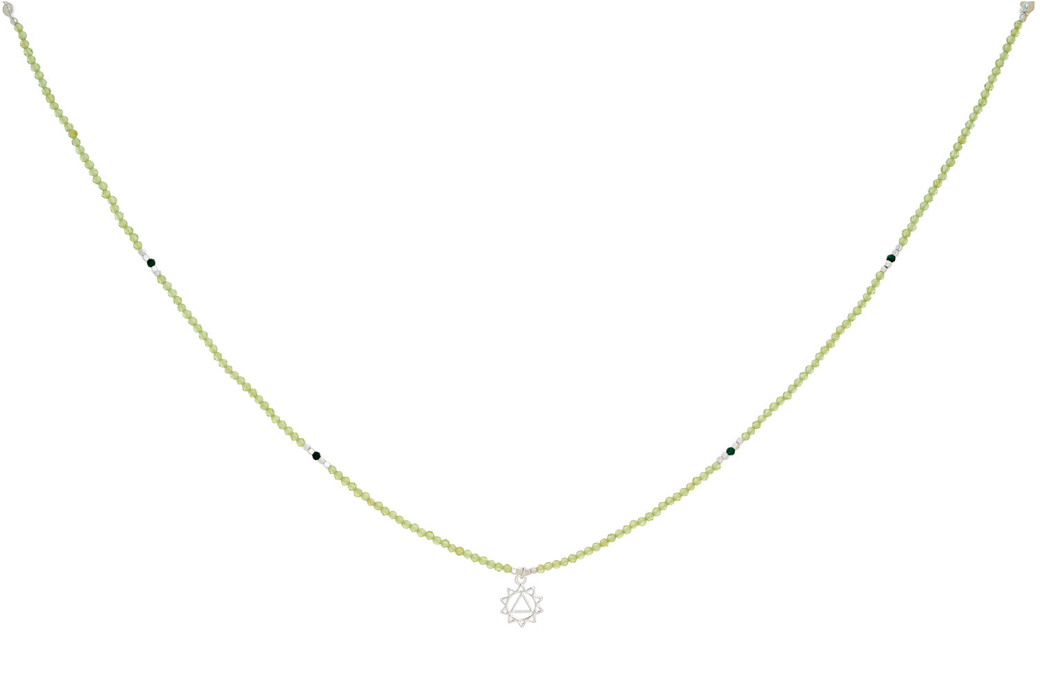 Chakra Peridot and Malachite Silver Solar Plexus Necklace featuring bright peridot and deep green malachite gemstones with sterling silver accents for confidence and motivation.