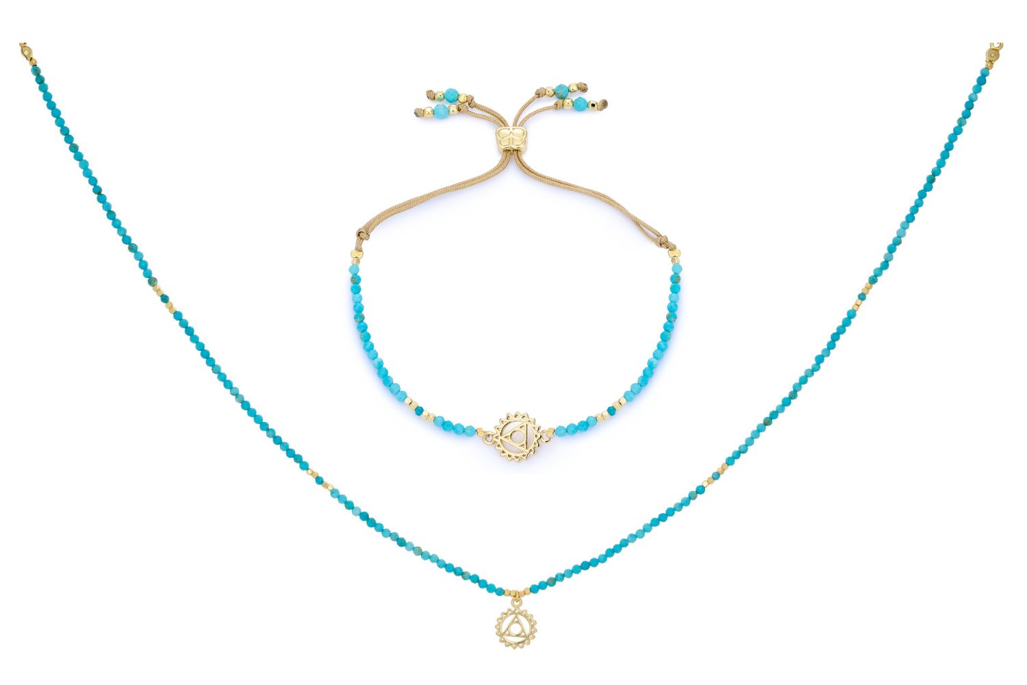 Turquoise Howlite & Apatite Gold Throat Chakra Set featuring turquoise gemstones, 12k gold-plated accents, and a Throat Chakra charm, perfect for spiritual balance and gifting.