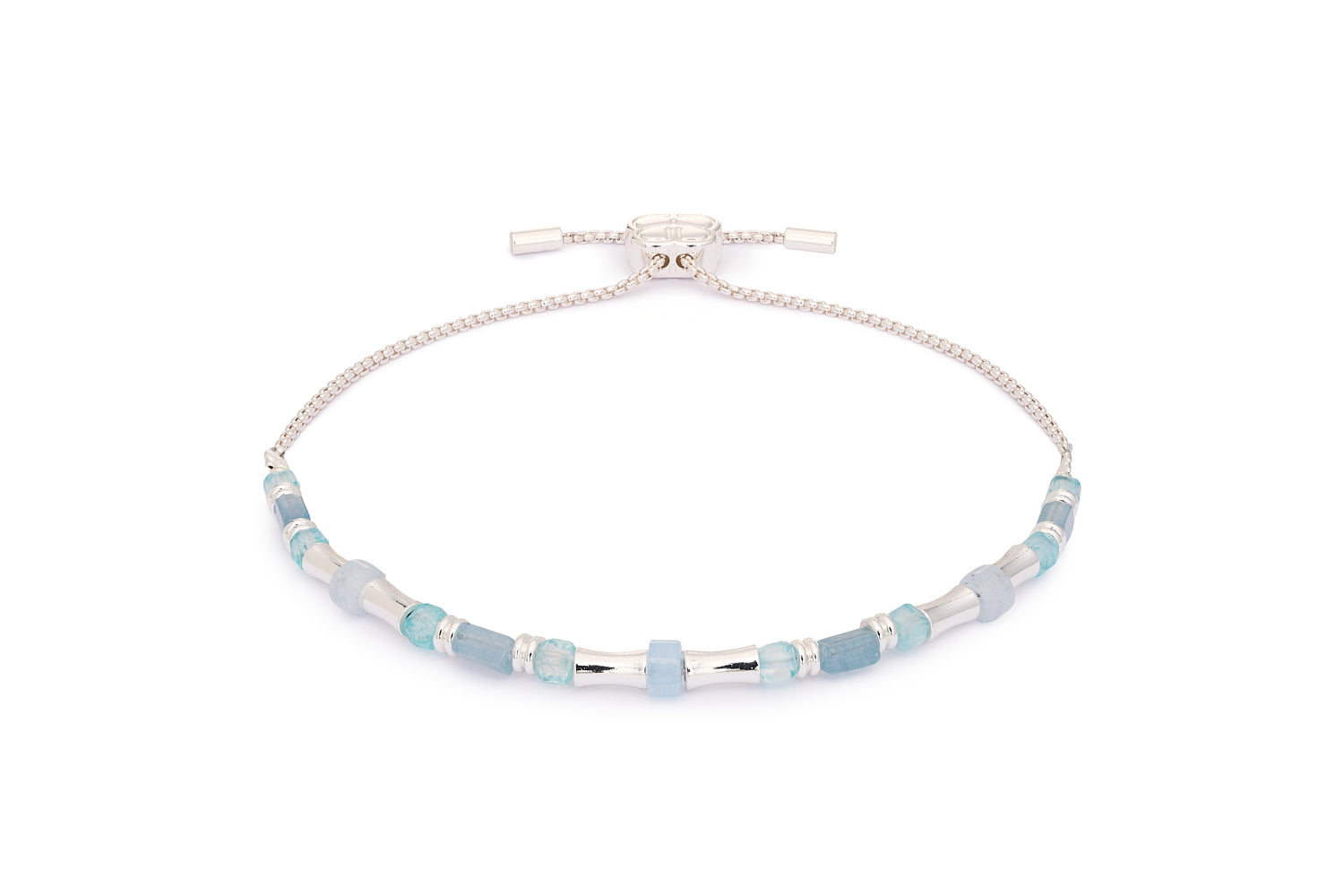 Chiara Blue Topaz Silver Bracelet with pale blue gemstones and sterling silver-plated beads in an adjustable slider design.