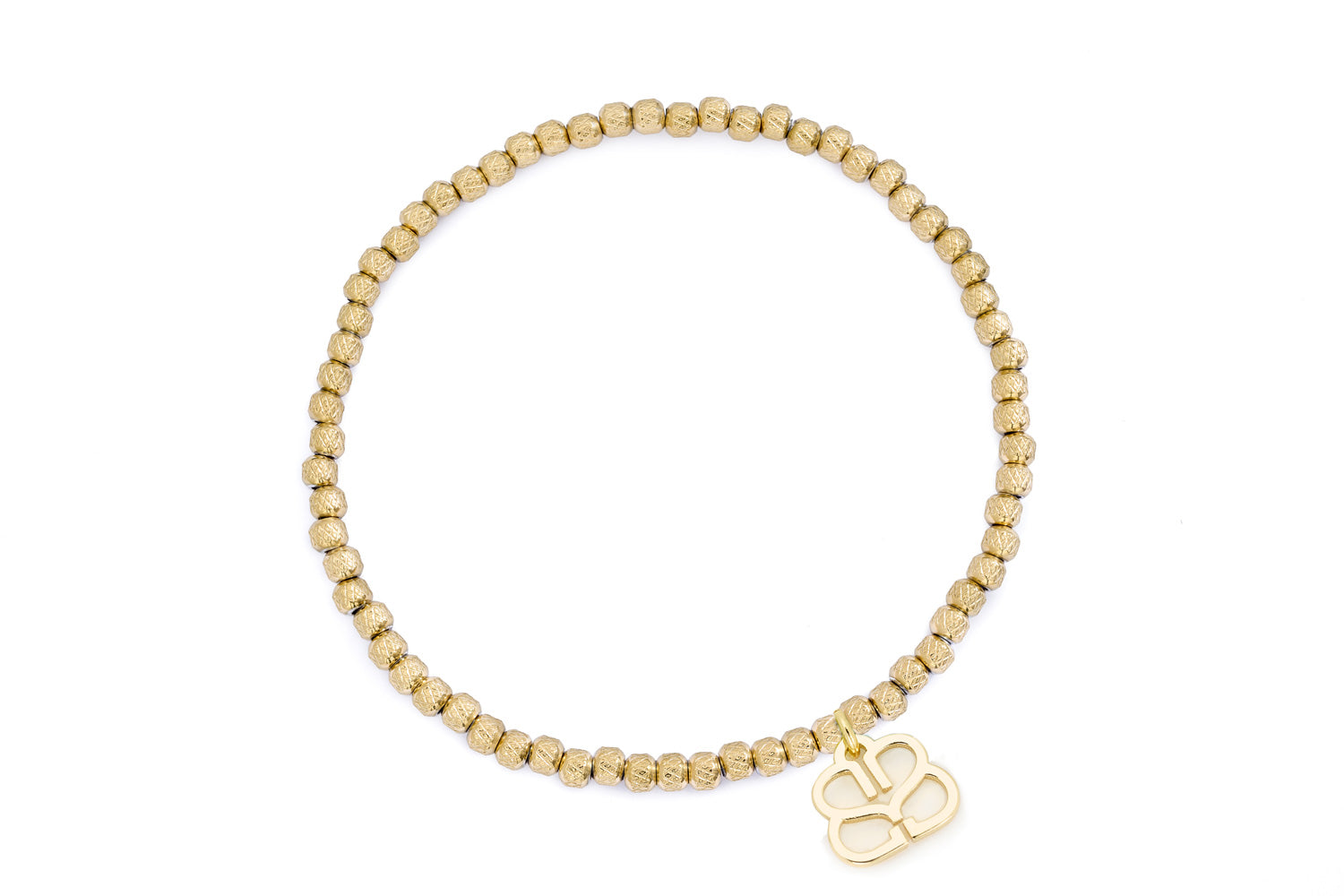 Clara Gold Stretch Bead Bracelet featuring polished textured gold beads, Boho Betty’s signature filigree charm, and a comfortable stretch design for effortless stacking and everyday wear.