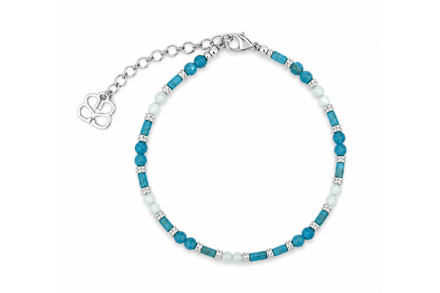 Coralie Apatite & Aquamarine Silver Anklet featuring faceted apatite and aquamarine gemstones with white gold accents on a waterproof White Gold PVD stainless steel chain.