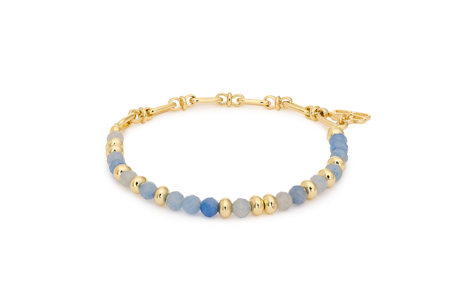 Dahlia Blue Aventurine & Gold Beaded Bracelet with faceted blue gemstones and 12k gold-plated brass beads in an 18cm stretch-fit design.