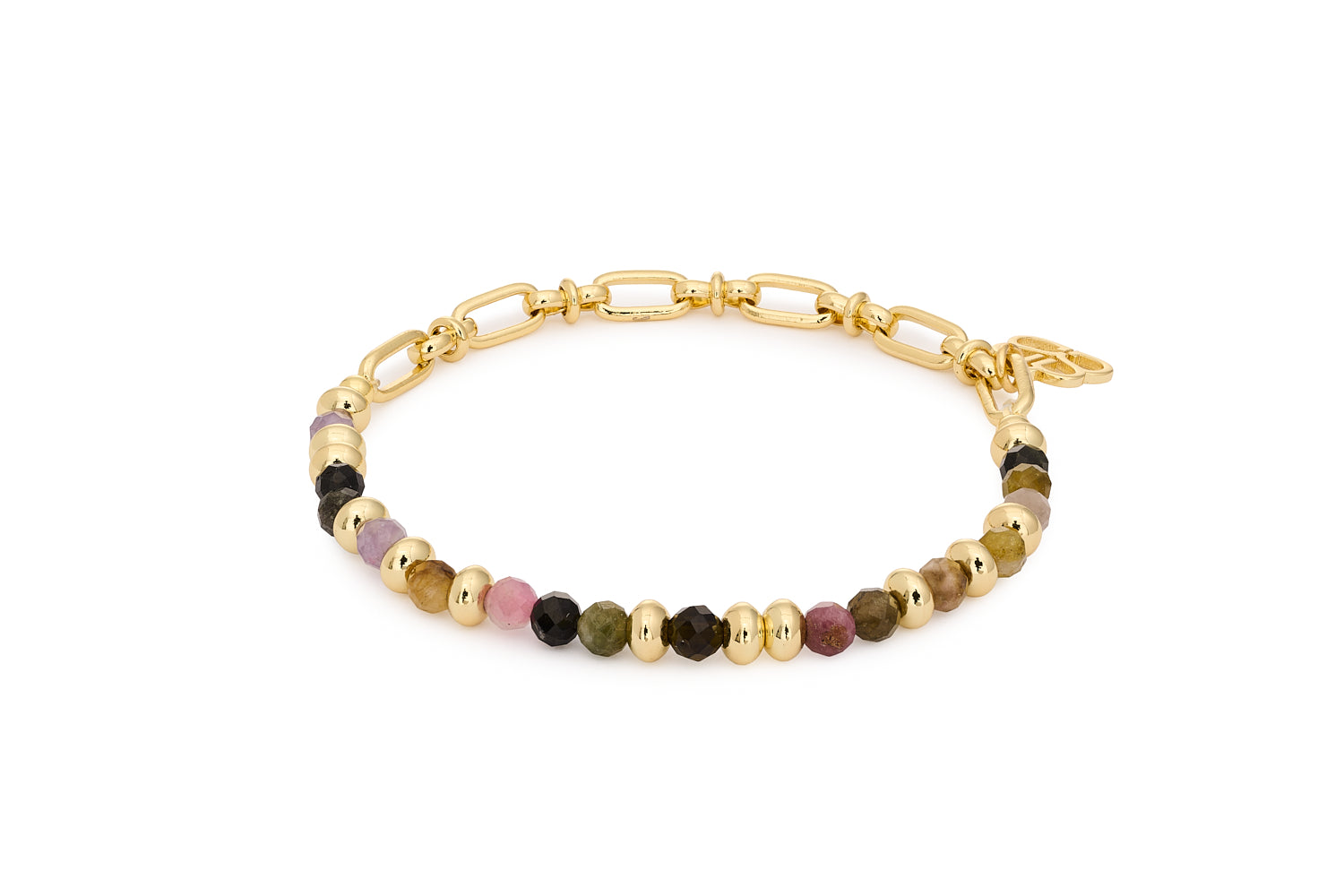 Dahlia Gold & Tourmaline Gemstone Beaded Bracelet featuring colourful faceted gemstones with 12k gold-plated brass beads and a duo chain and bead design, stretch fit 18cm.