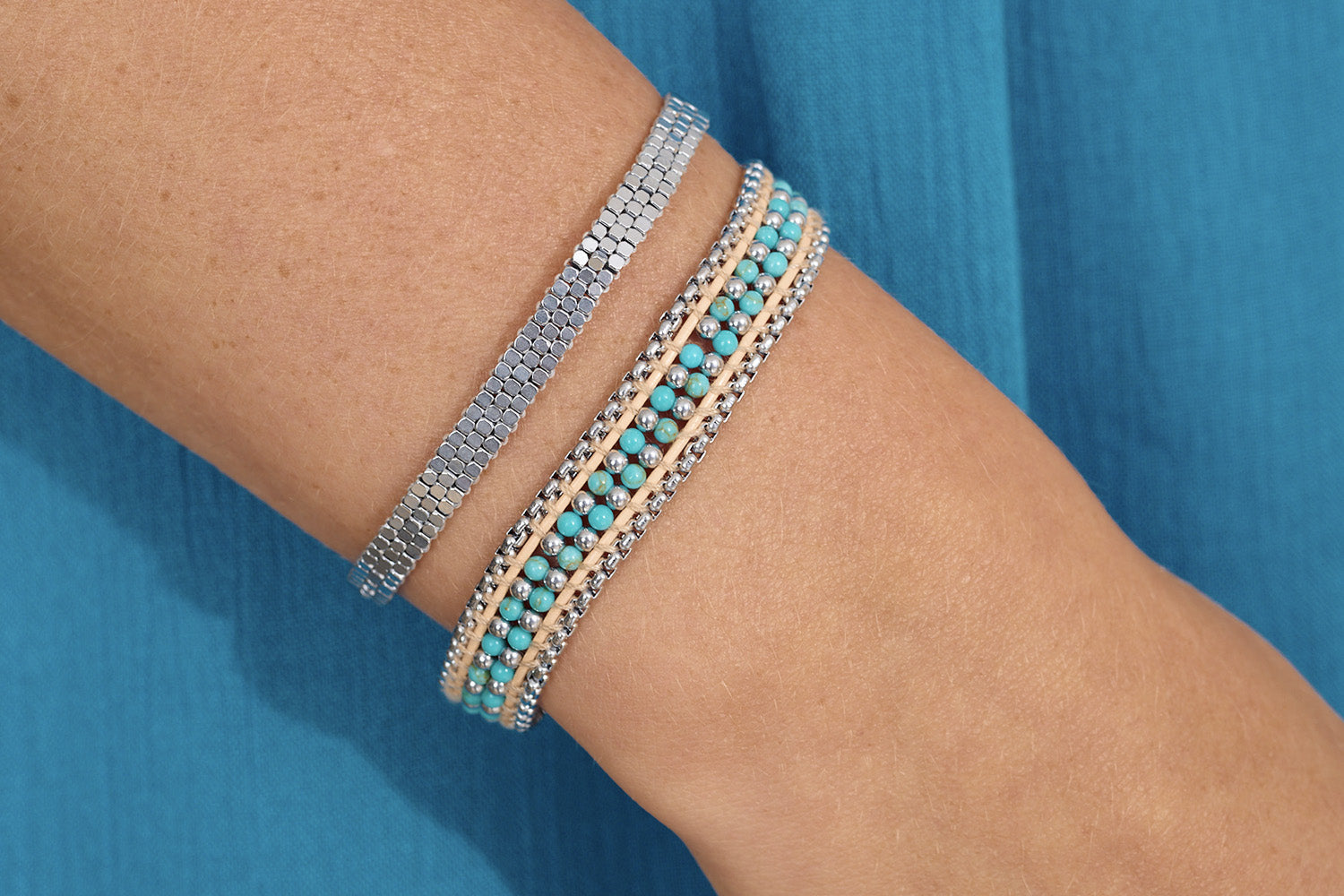 Daiko Silver Beaded Slider Bracelet styled on wrist with minimalist design and modern silver beaded texture, ideal for stacking or solo wear.