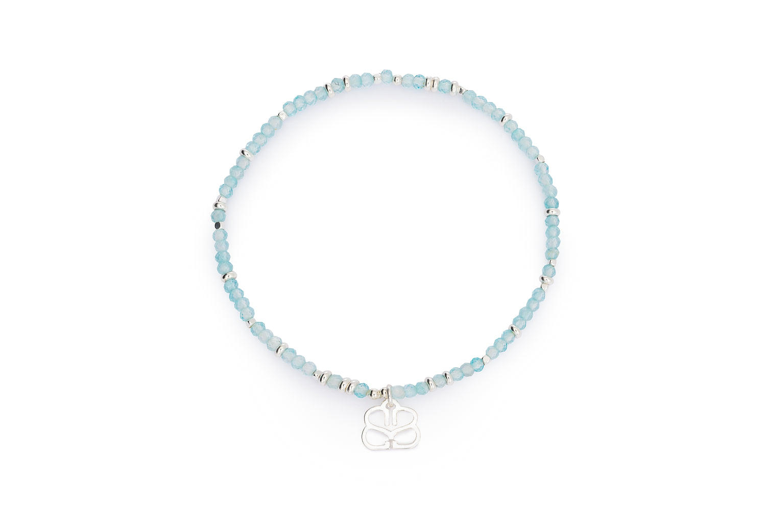 Dash Silver & Blue Topaz Bracelet featuring faceted light blue topaz beads and sterling silver-plated brass accents in an 18cm stretch-fit design.