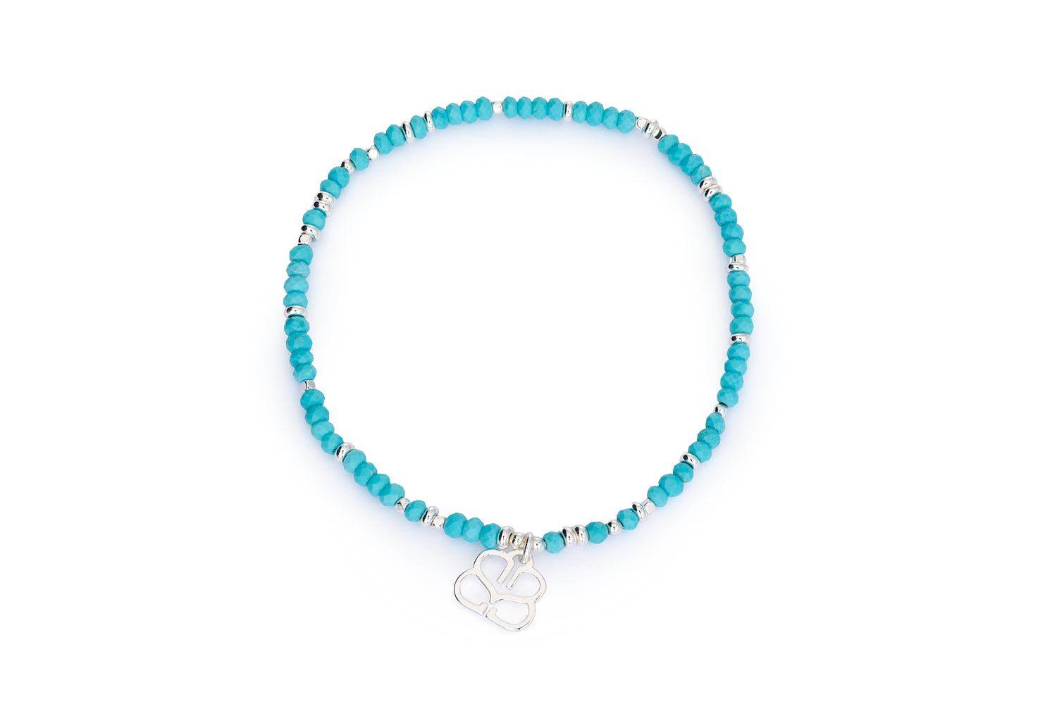 Silver turquoise howlite beaded stretch bracelet with Boho Betty charm on white background