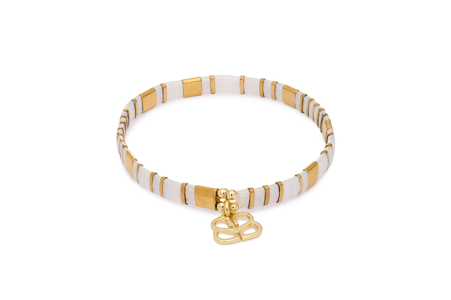 Delicado Gold & White Tila Bracelet with striped gold and white Japanese beads in an 18cm stretch design with Boho Betty charm.