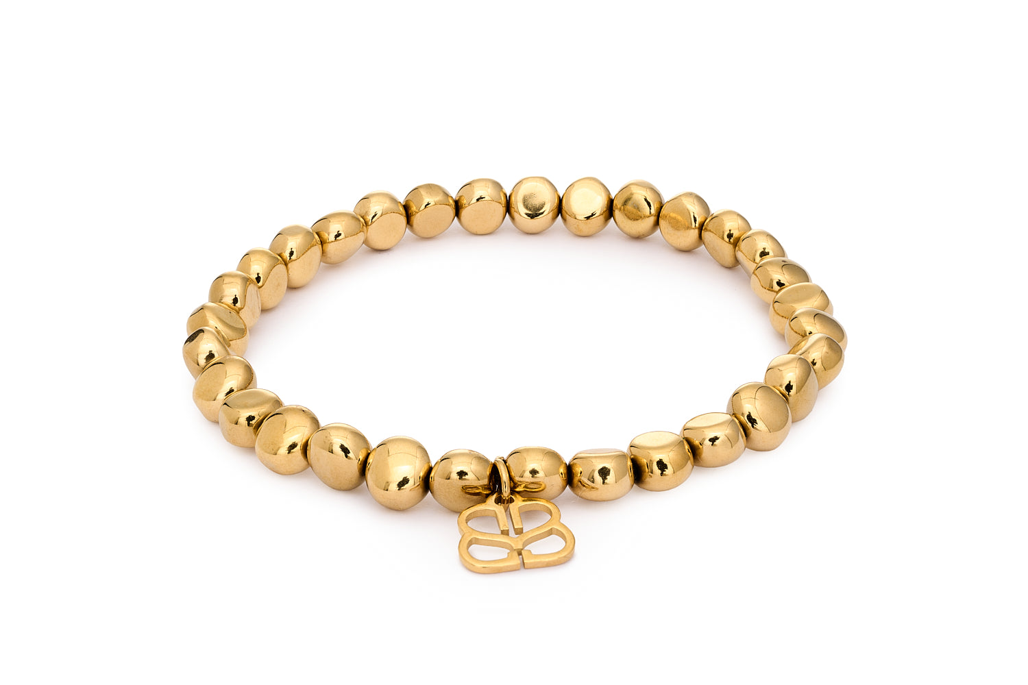 Eirene Gold Bead Stretch Bracelet featuring polished round 14k PVD gold-plated stainless steel beads with Boho Betty filigree charm in an 18cm stretch-fit design.