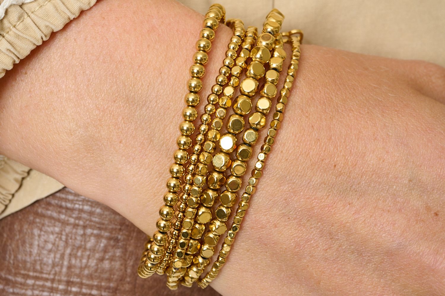 Eleora Gold Bracelet Stack styled for sun-drenched days and relaxed glamour, a perfect gift-ready bracelet set for holidays or everyday luxury.