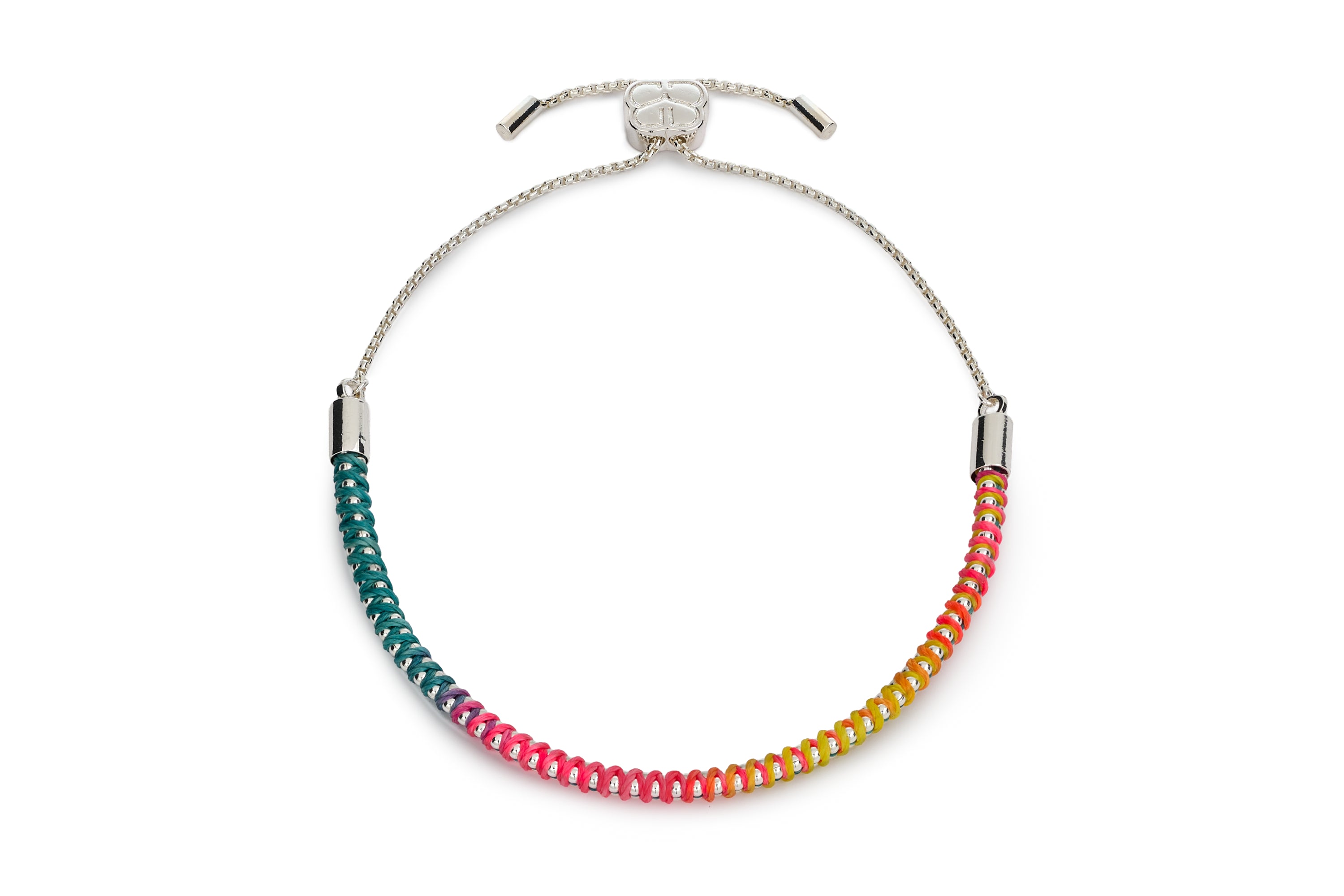 Emelia Havana Brights Silver Braided Bracelet featuring colourful woven threads with waterproof white gold PVD stainless steel chain.