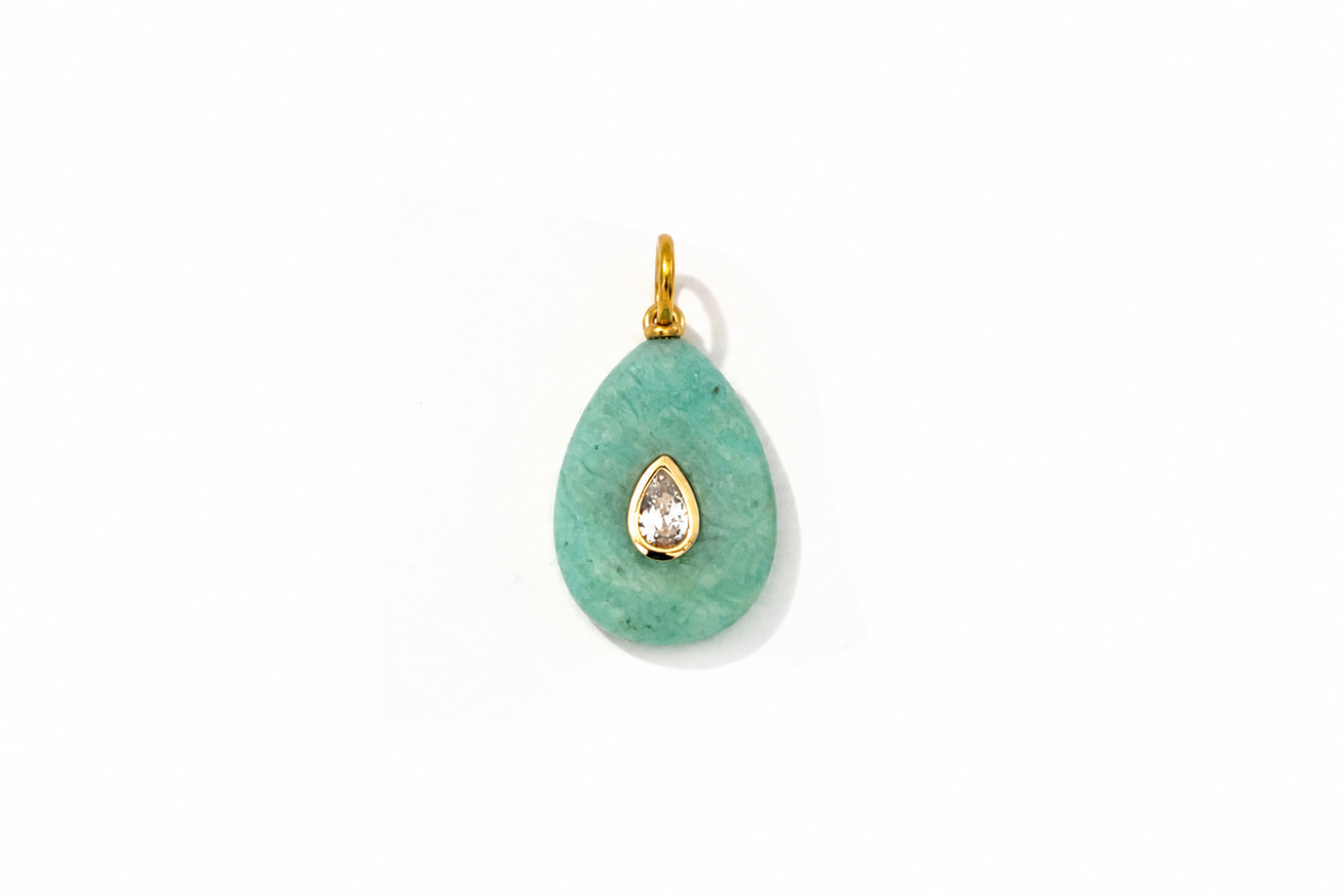 Fleur Amazonite Charm Gold featuring a carved amazonite gemstone with a sparkling crystal on a waterproof 14k gold PVD loop.