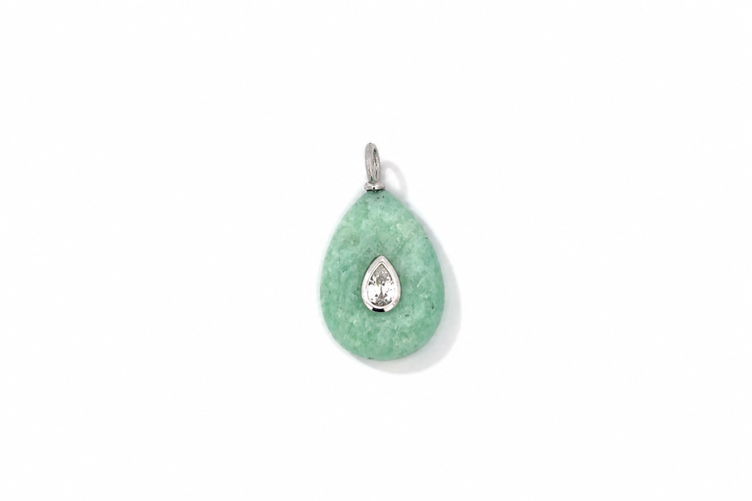 Fleur Amazonite Charm Silver featuring a carved amazonite gemstone with a sparkling crystal on a waterproof rhodium-plated stainless steel loop.