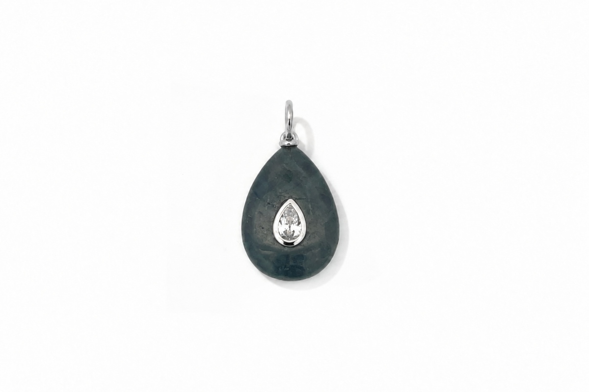 Fleur labradorite teardrop gemstone charm in silver, a Boho Betty AW26 waterproof collectable charm