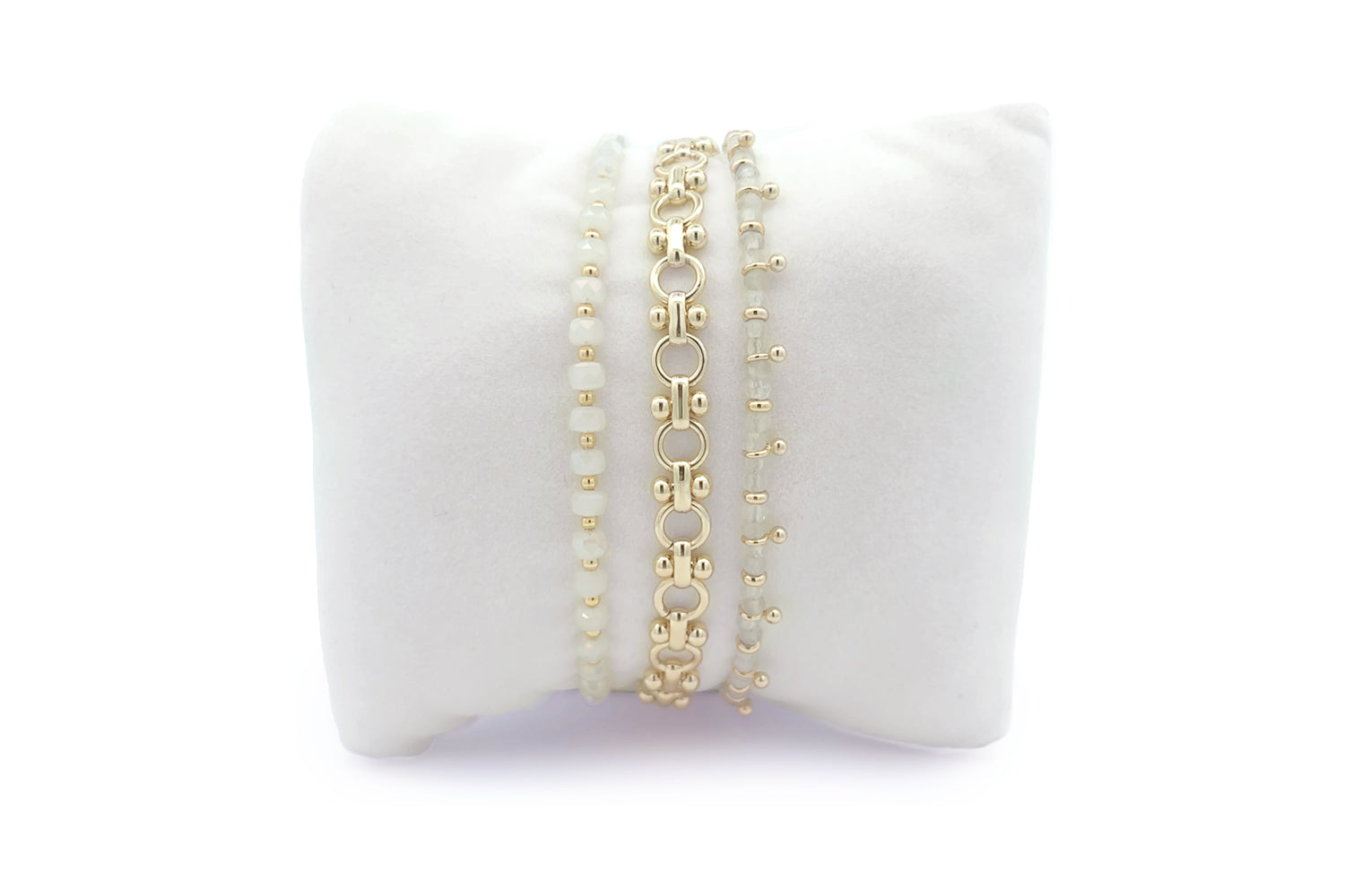Flores Rainbow Moonstone Gold Stacking Bracelet featuring white crystals, gold links, and rainbow moonstone beads for an elegant, mystical look.