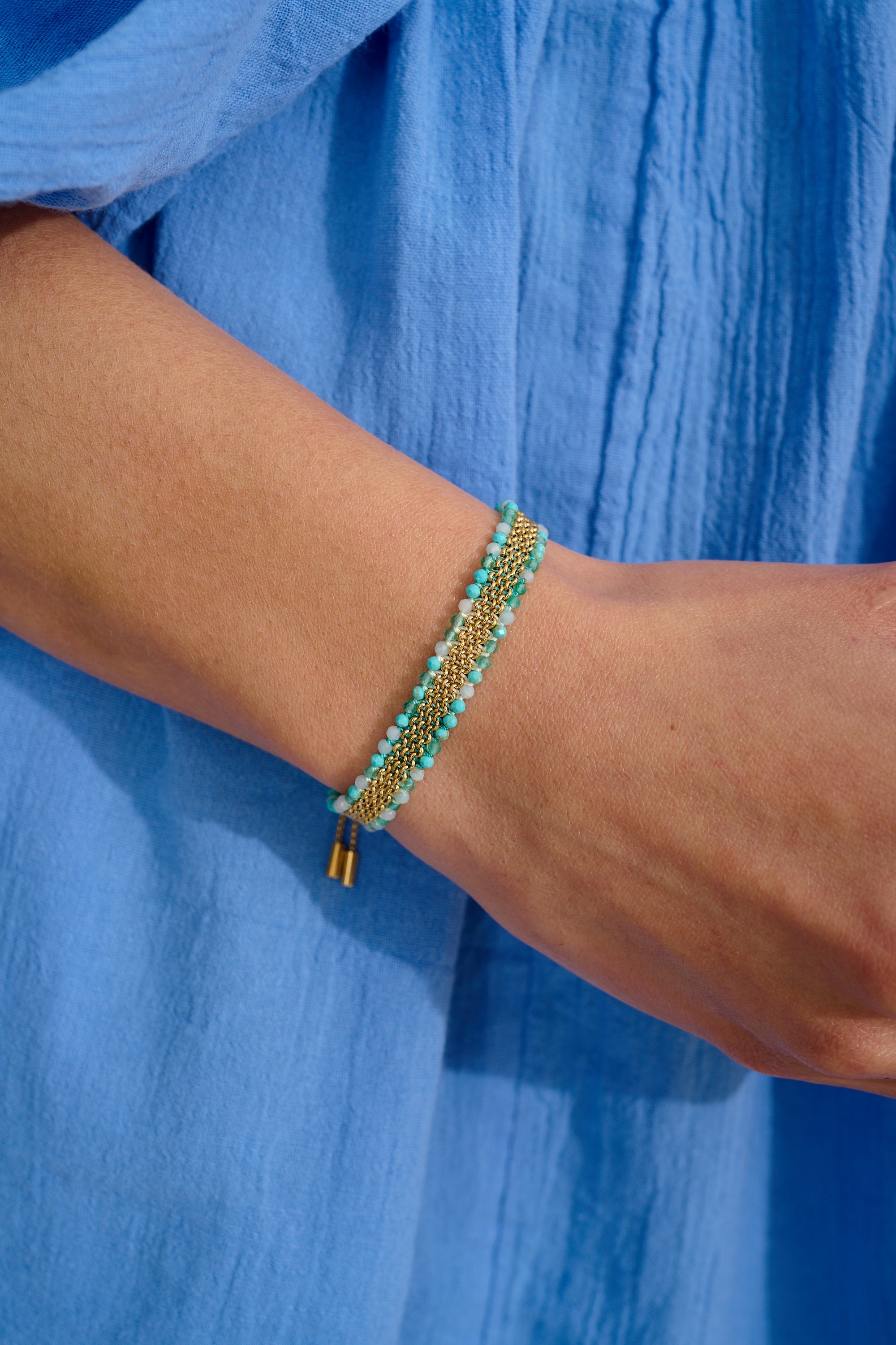 Freya Amazonite Mix Gold Braided Bracelet styled on the wrist, showcasing soft amazonite hues and gold accents, perfect for stacking or wearing solo.