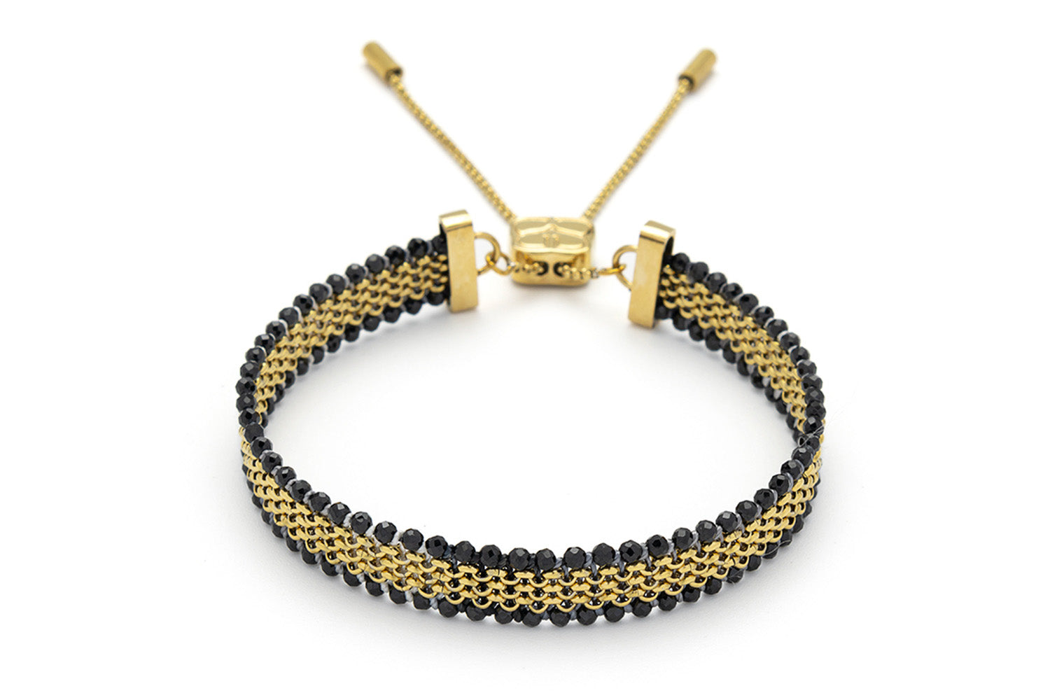 Freya Black Spinel & Gold Chain Bracelet with faceted black spinel beads and 14k gold PVD-coated slider chain.