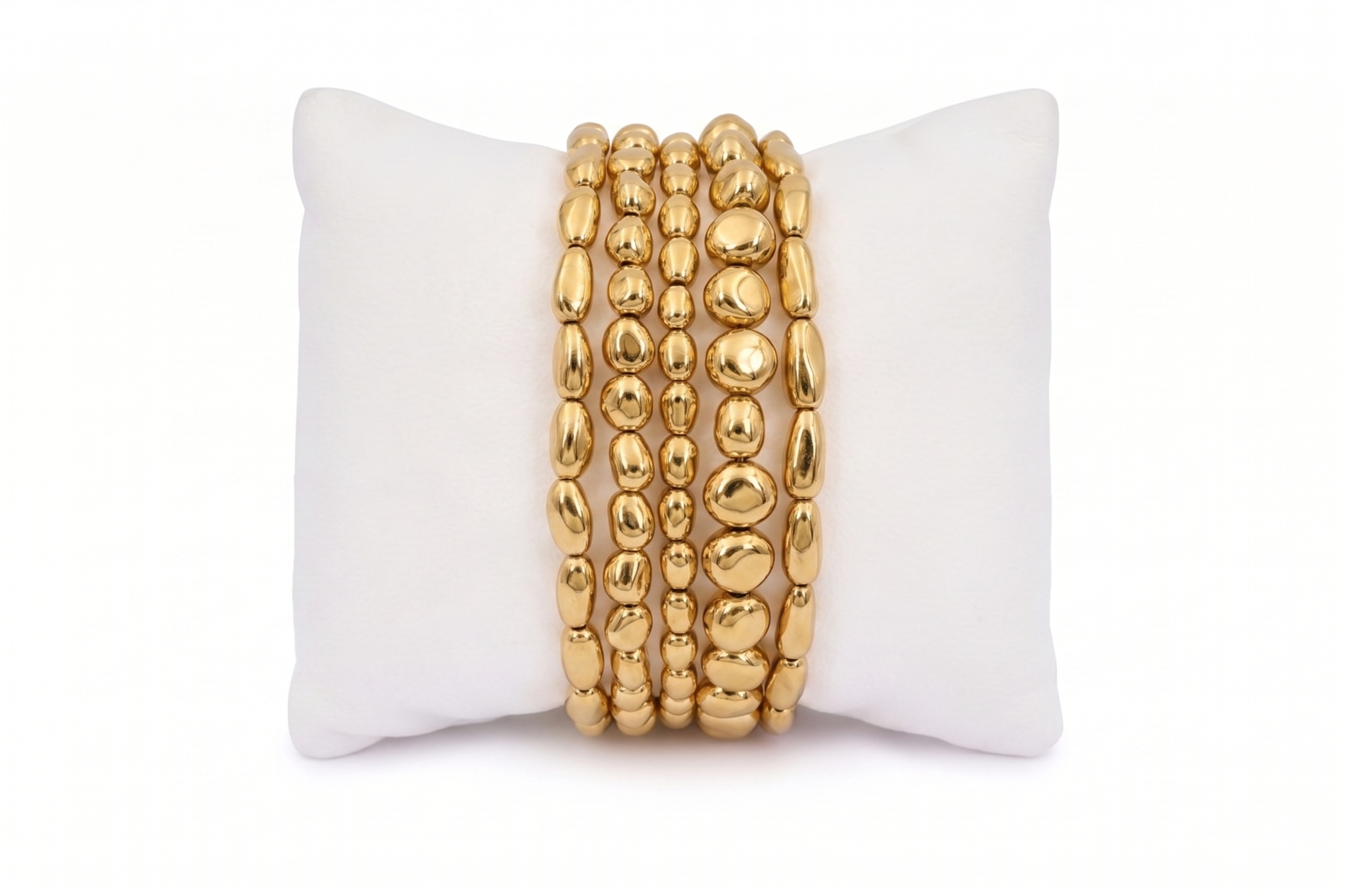 Gaga Gold Bracelet Stack, five gold stretch bead bracelets with mixed nugget and elongated textures