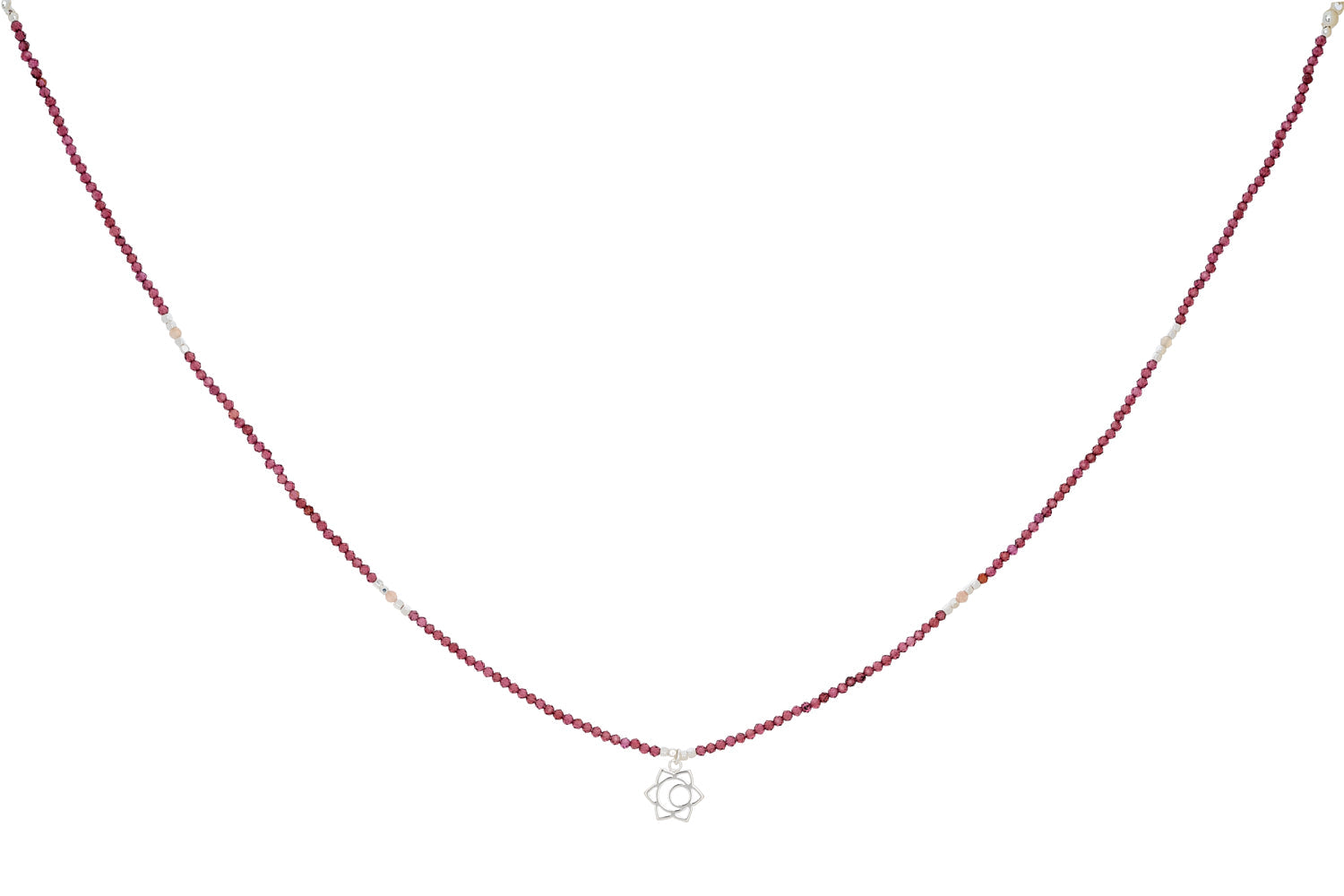 Garnet and Sunstone Silver Sacral Chakra Necklace featuring vibrant red garnet and warm golden sunstone beads with sterling silver accents for creativity, passion, and emotional balance.