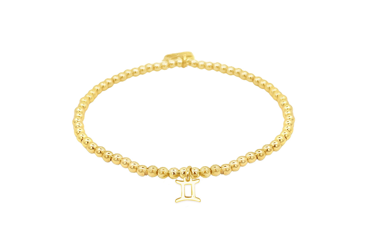 Gold stretch bead bracelet featuring a polished Gemini zodiac charm and Boho Betty signature tag, designed for astrology lovers.