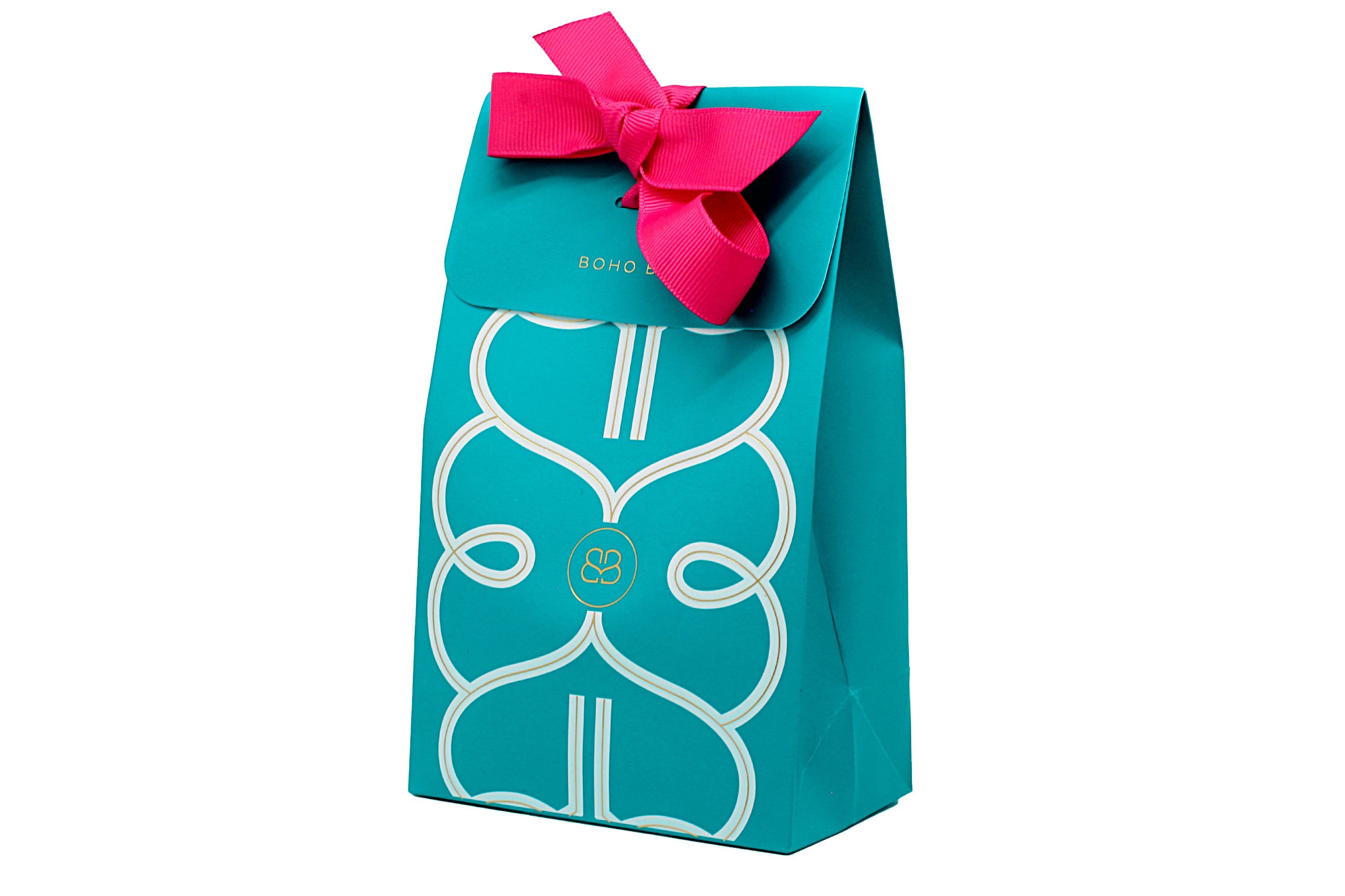 Boho Bettyluxury jewellery gift packaging in vibrant turquoise with pink contrast bows and iconic Boho Betty logo design.