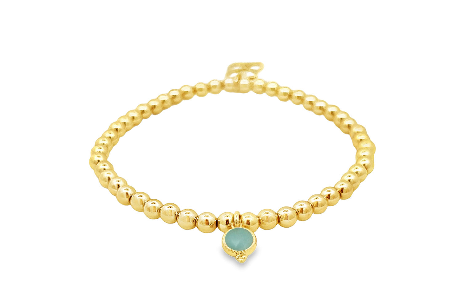 Gold Amazonite March Birthstone Charm Bracelet with polished gold beads and a genuine sea-green Amazonite charm.