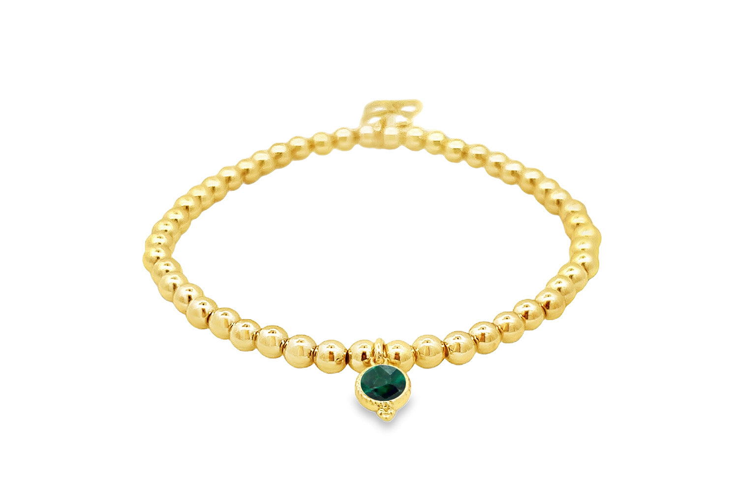 Gold Malachite May Birthstone Charm Bracelet with polished gold beads and a genuine deep-green malachite gemstone charm.