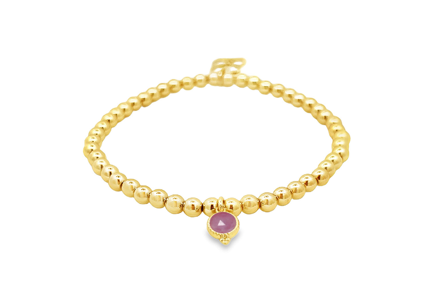 Gold Pink Tourmaline October Birthstone Charm Bracelet with polished gold beads and a blush pink gemstone charm.