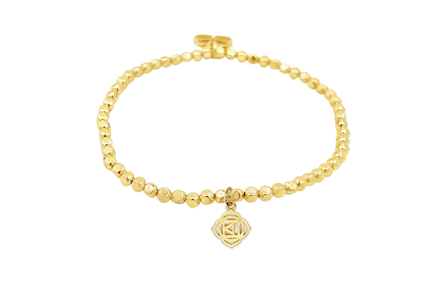 Gold Root Chakra Charm Bracelet with polished gold beads and a symbolic Root Chakra charm.