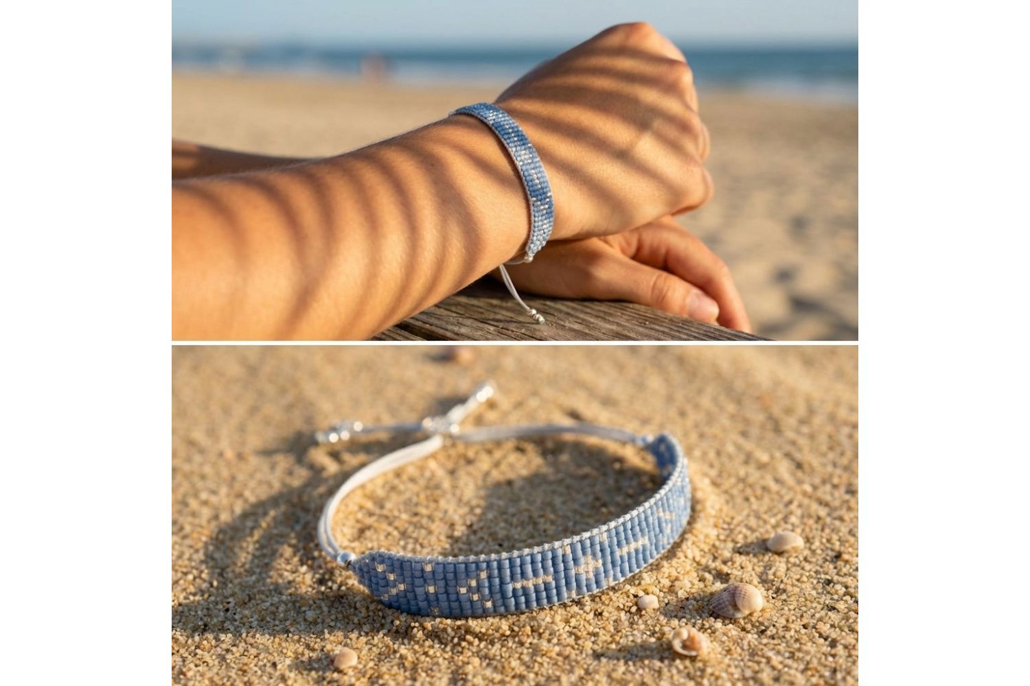 Close-up of our Grace blue silver beaded friendship bracelet on a model's wrist, outdoors highlighting a summer lifestyle vibe.