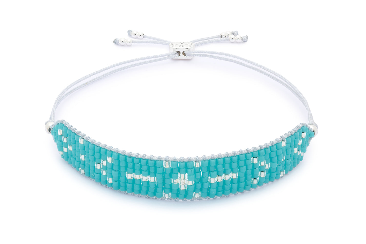Grace Silver & Turquoise Beaded Friendship Bracelet featuring seven rows of turquoise Miyuki beads and sterling silver-plated accents, with an adjustable slider design for a comfortable fit.
