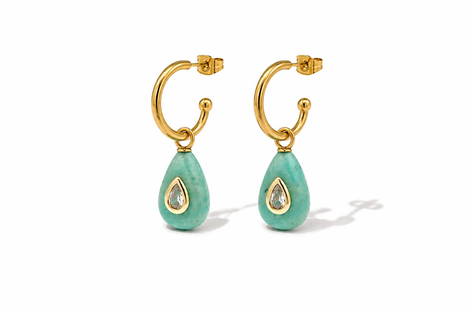 Hana Amazonite Gold Hoop Earrings featuring Amazonite gemstone drops with clear crystal details on waterproof 14k gold PVD stainless steel hoops.