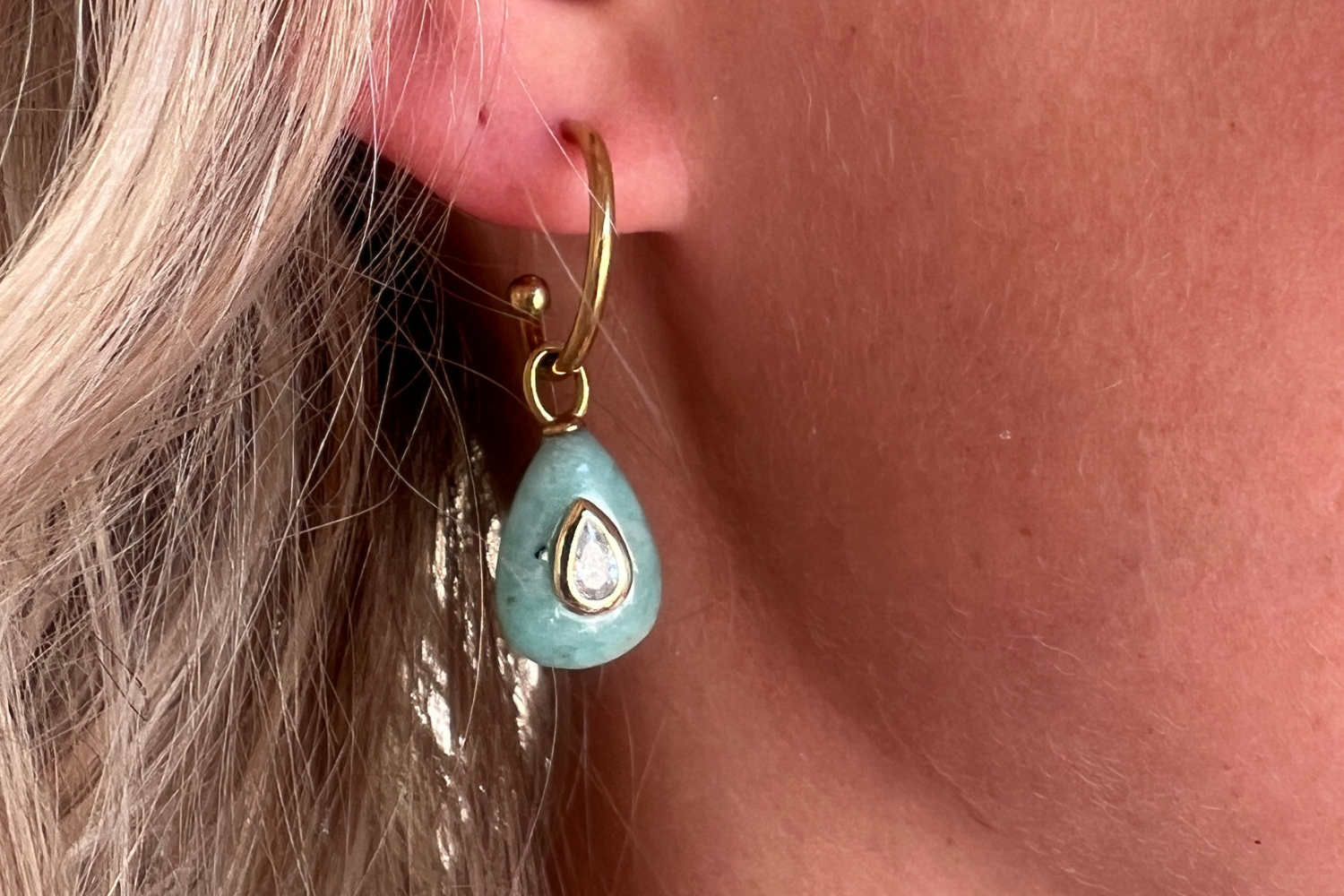 Hana Amazonite Gold Hoop Earrings worn with Amazonite gemstone drops and waterproof 14k gold PVD hoops for effortless holiday styling.