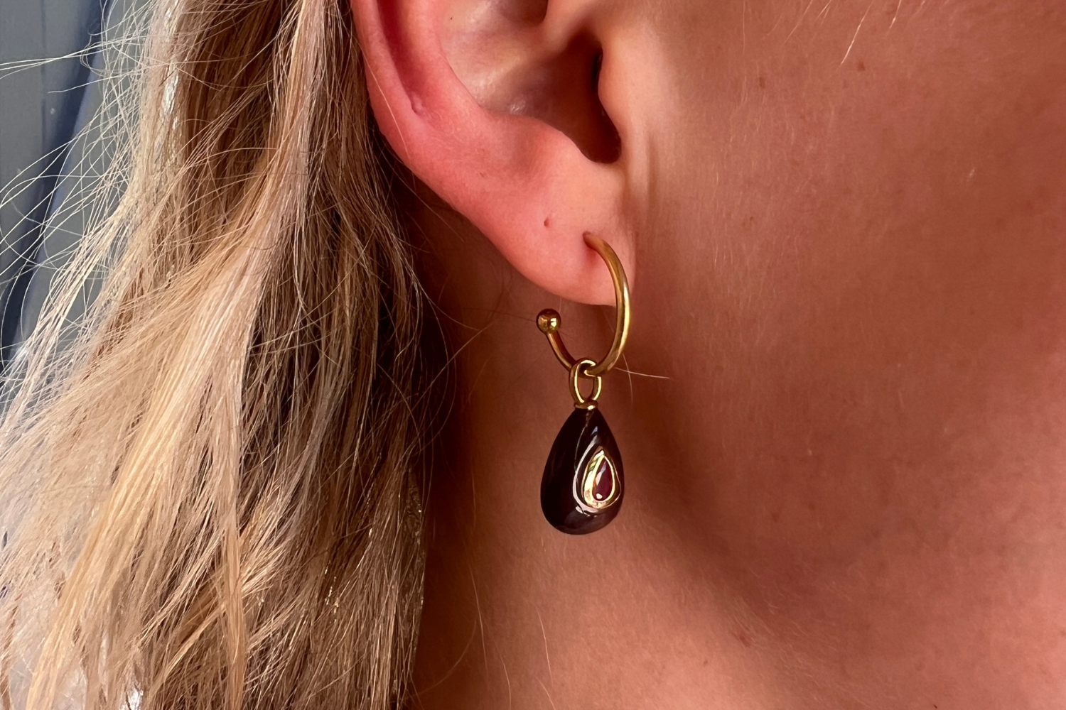 Hana Amethyst Gold Hoop Earrings worn with natural amethyst gemstone drops and waterproof 14k gold PVD hoops for colourful everyday styling.
