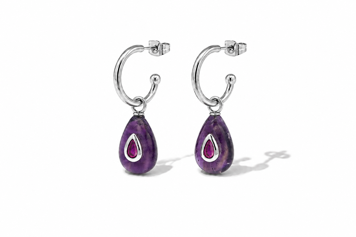 Hana amethyst teardrop gemstone hoop earrings in silver, a Boho Betty AW26 waterproof earring